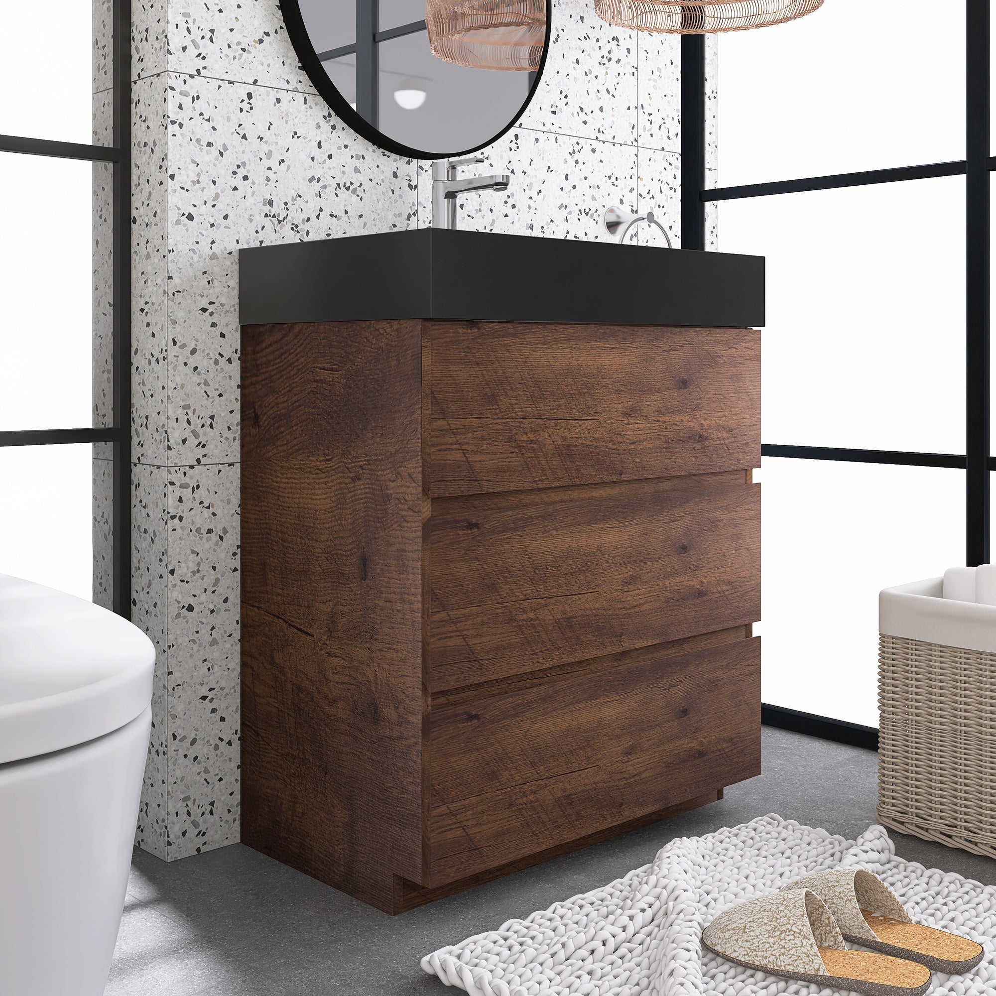 Wood Freestanding Bathroom Vanity Set with Integrated Solid Surface Sink