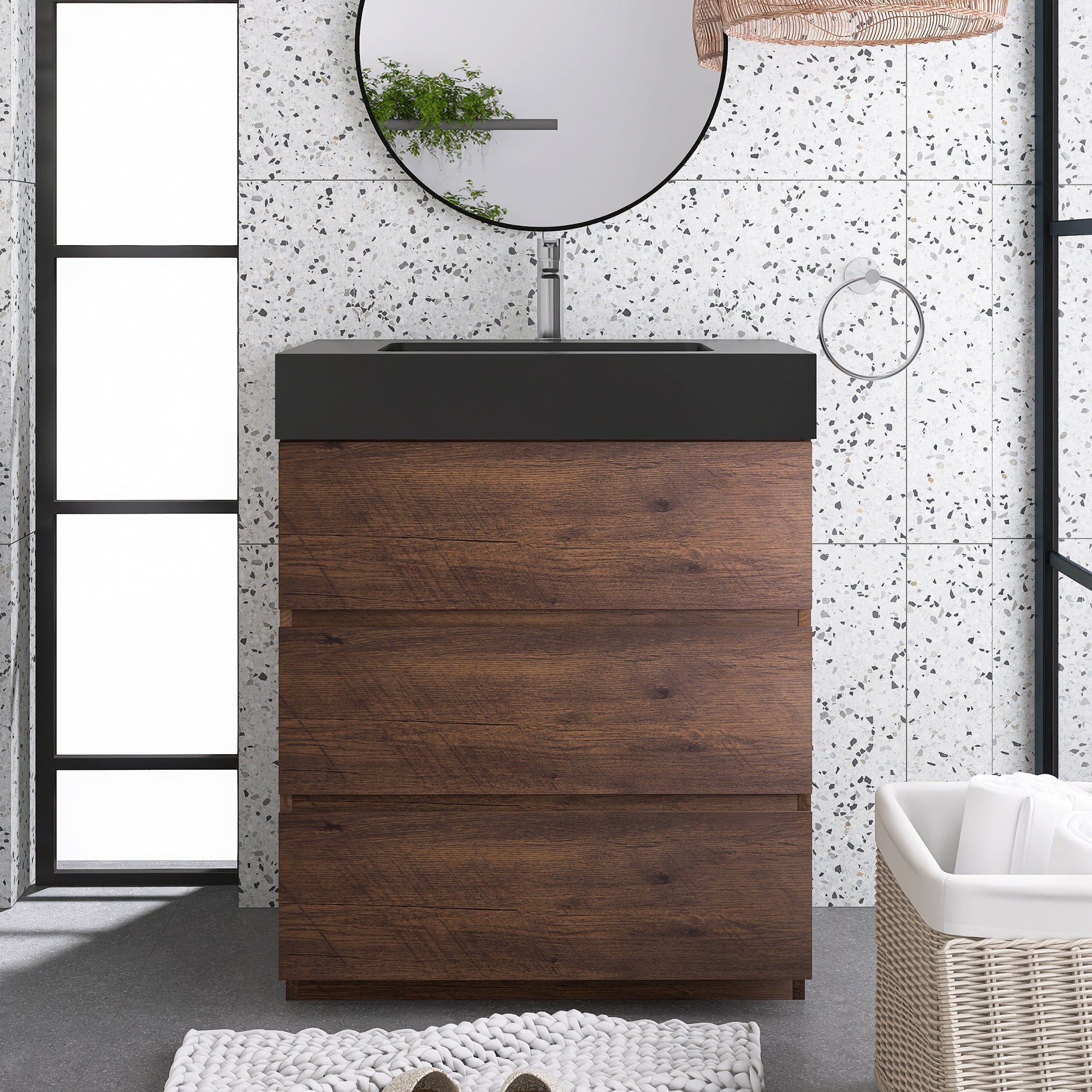 Wood Freestanding Bathroom Vanity Set with Integrated Solid Surface Sink