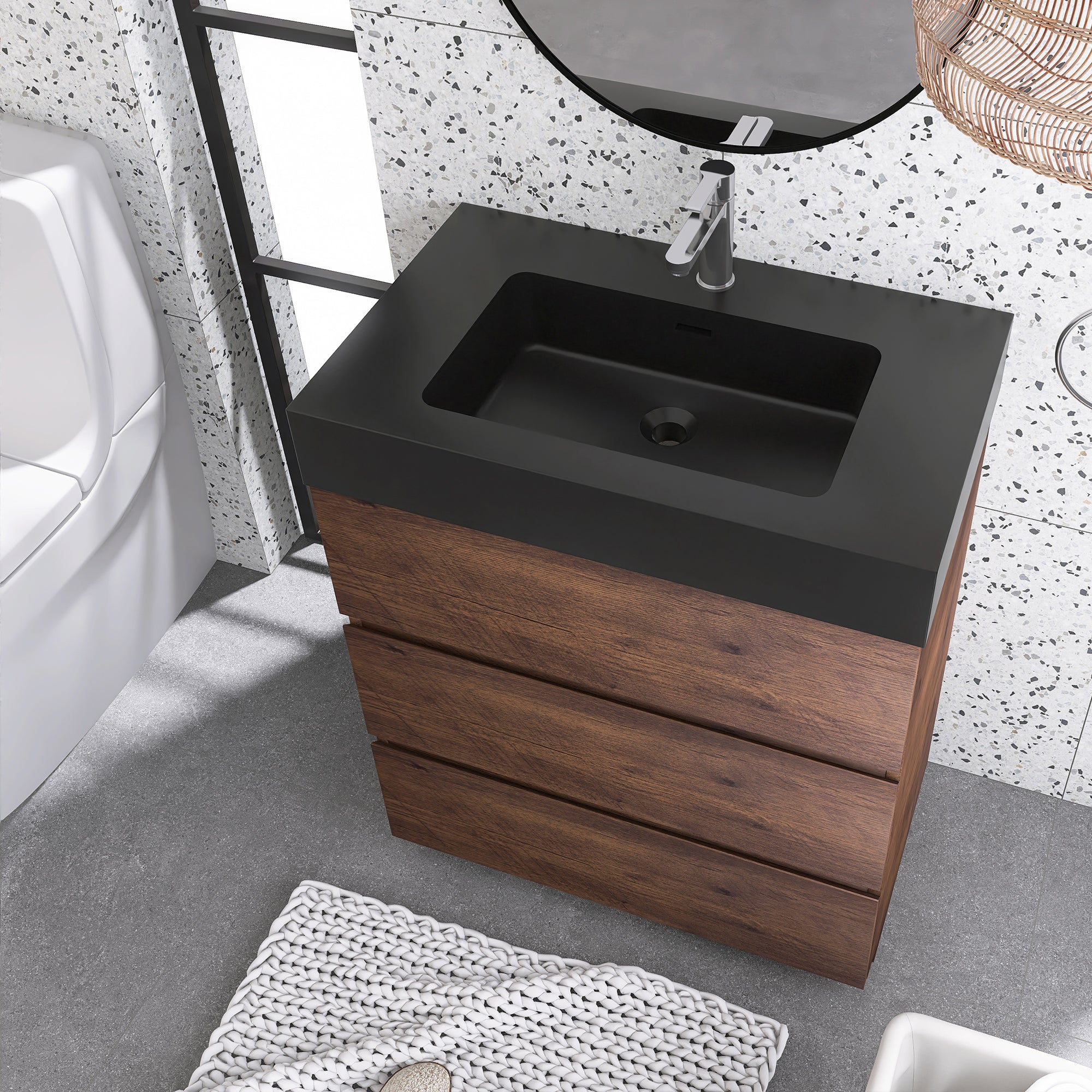 Wood Freestanding Bathroom Vanity Set with Integrated Solid Surface Sink