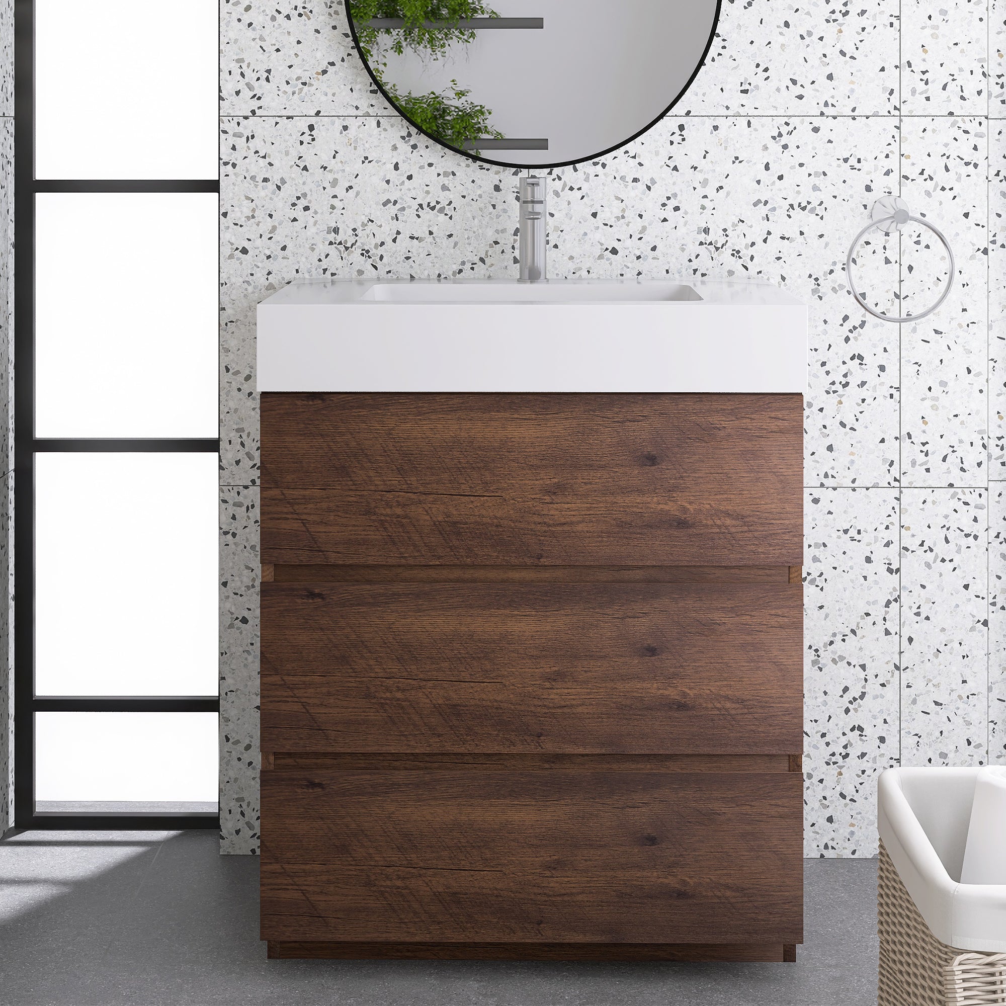 Wood Freestanding Bathroom Vanity Set with Integrated Solid Surface Sink