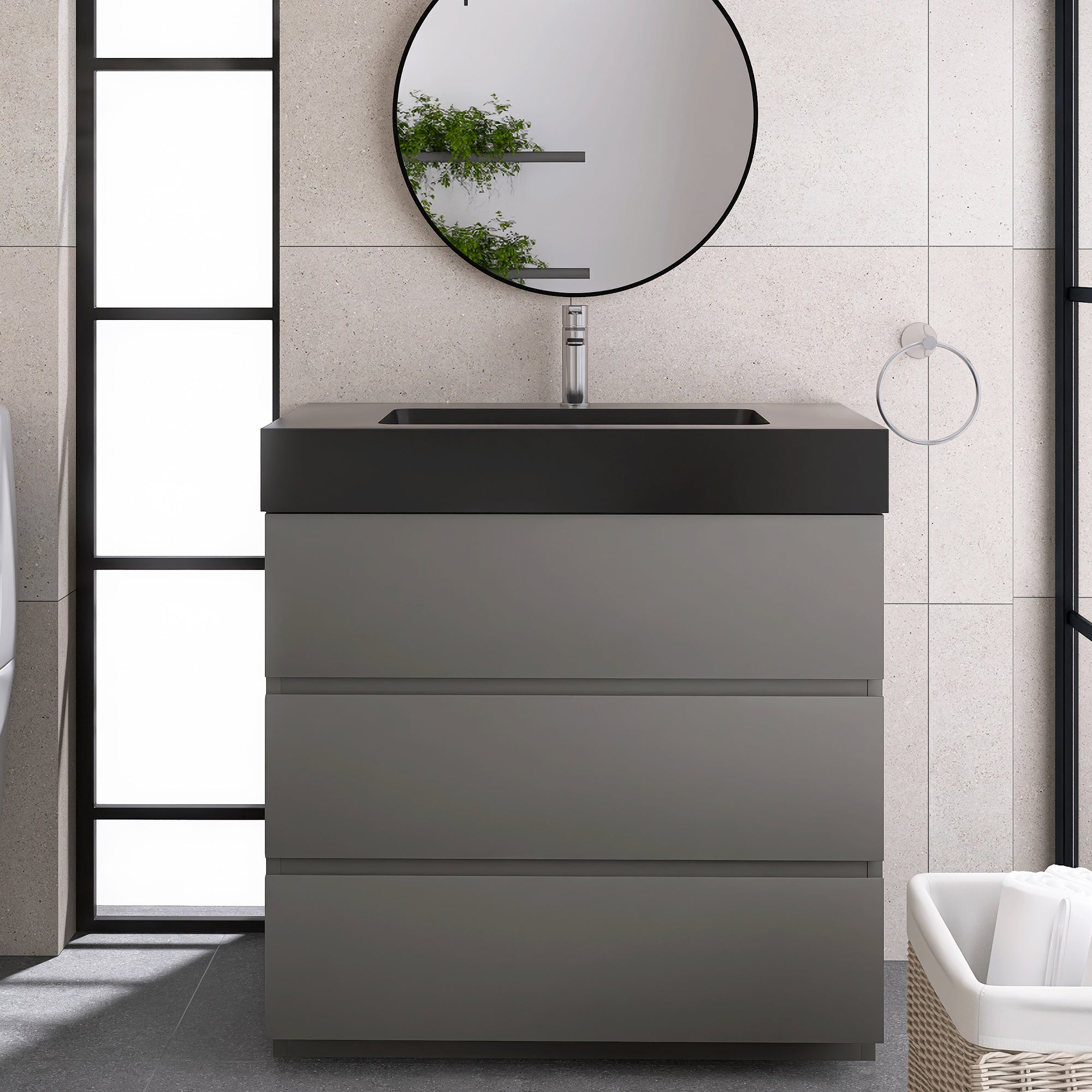 Wood Freestanding Bathroom Vanity Set with Integrated Solid Surface Sink