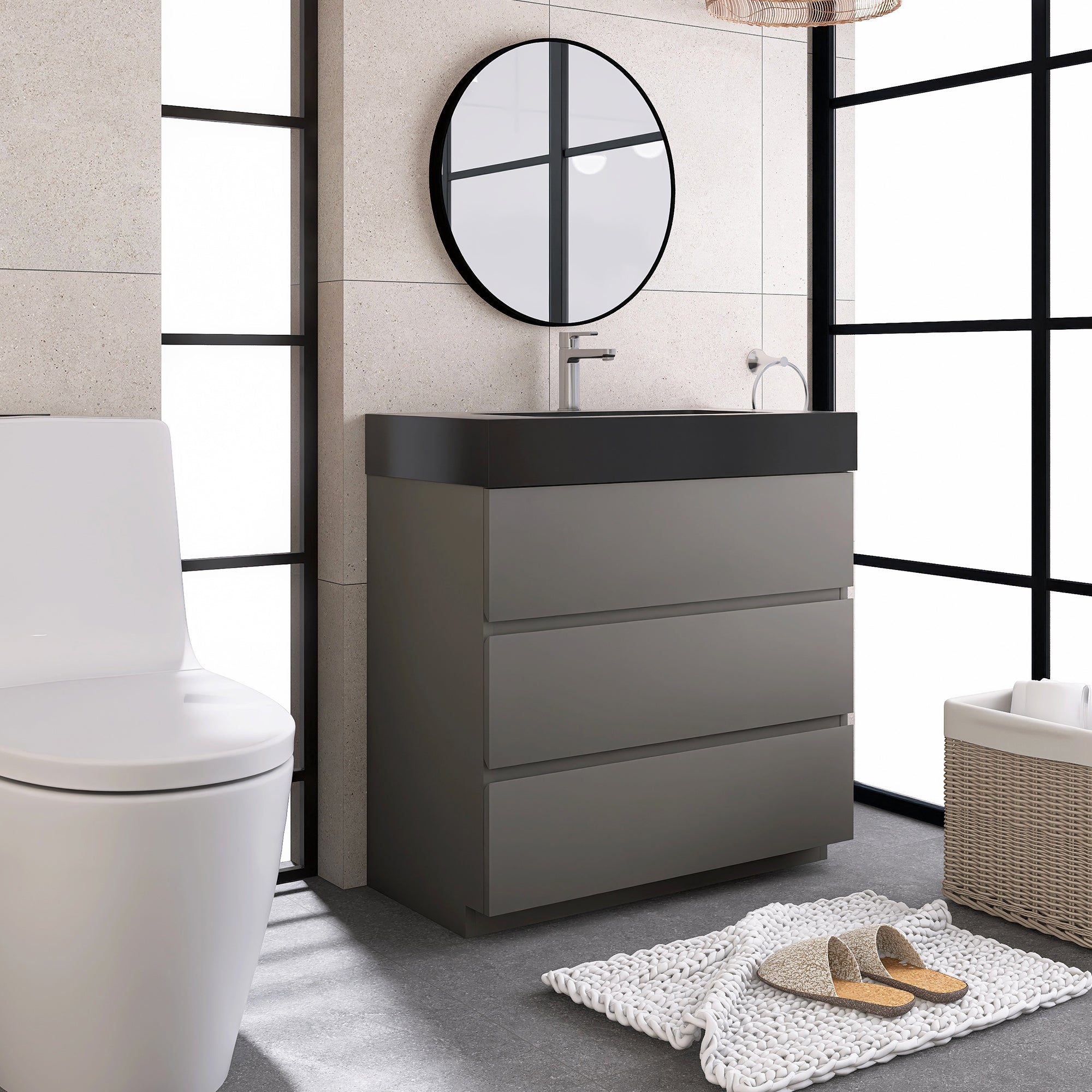 Wood Freestanding Bathroom Vanity Set with Integrated Solid Surface Sink