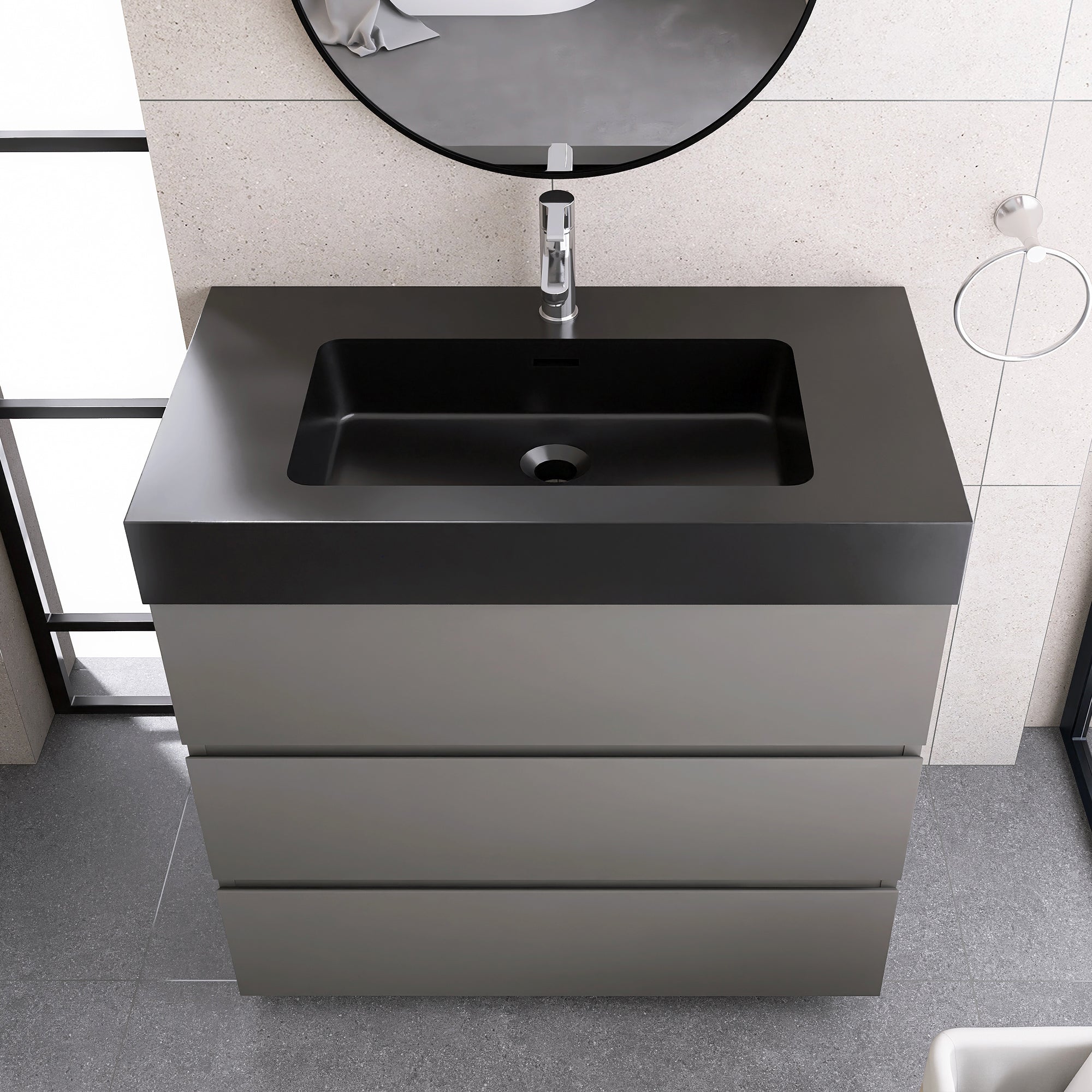 Wood Freestanding Bathroom Vanity Set with Integrated Solid Surface Sink