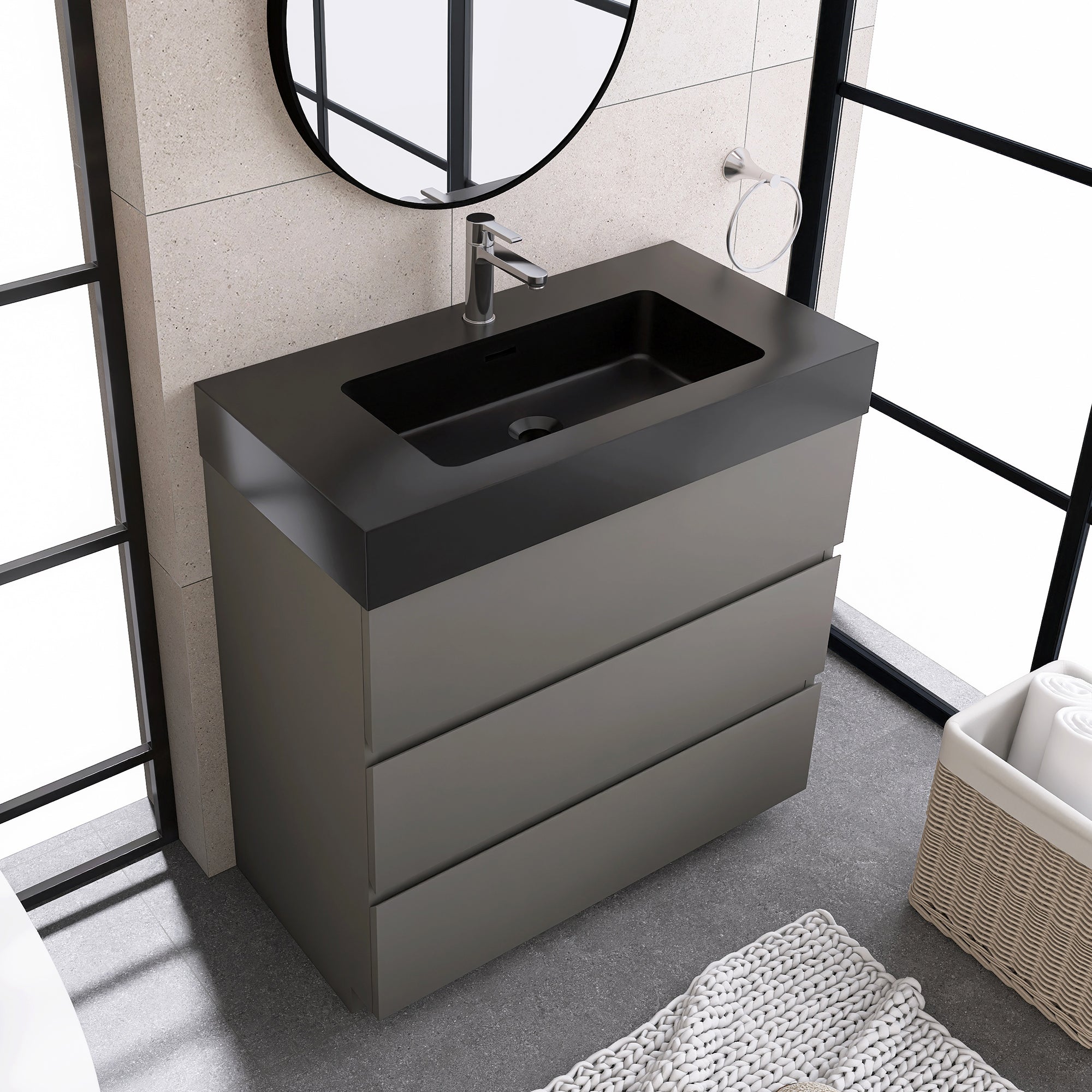 Wood Freestanding Bathroom Vanity Set with Integrated Solid Surface Sink