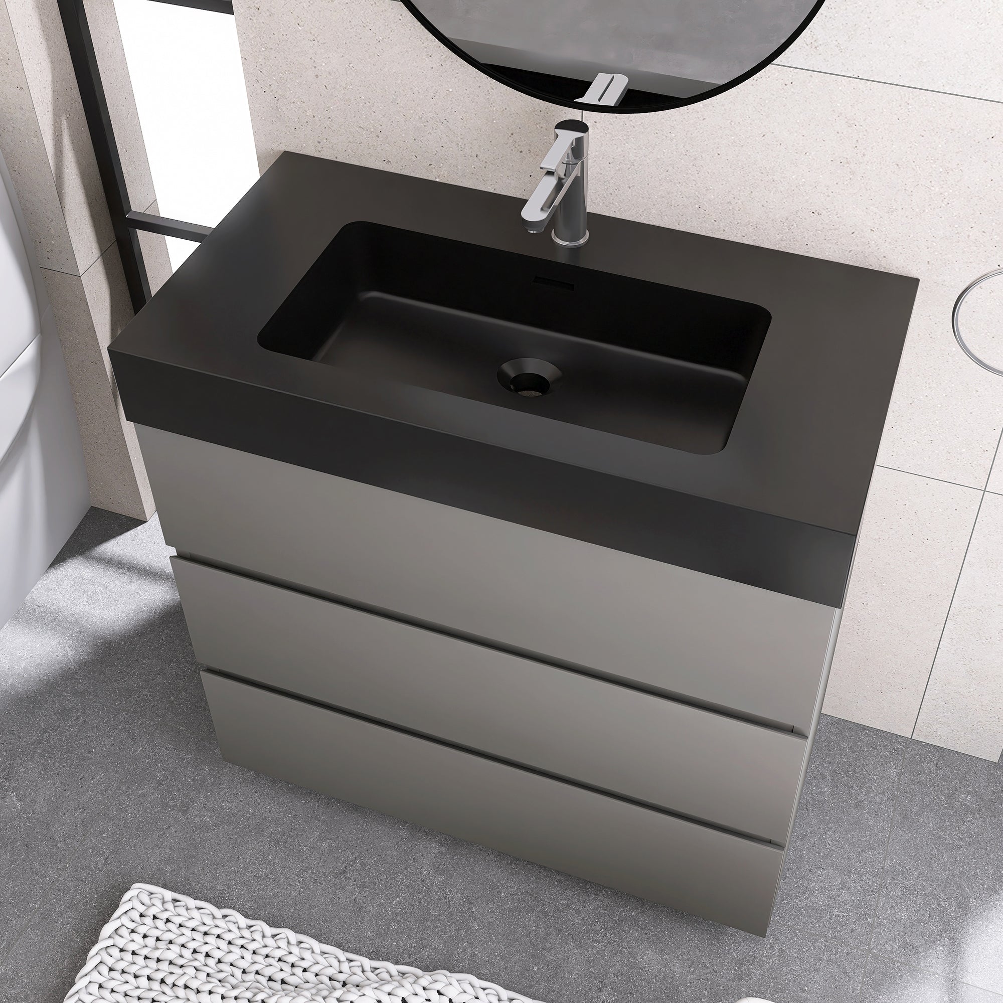 Wood Freestanding Bathroom Vanity Set with Integrated Solid Surface Sink