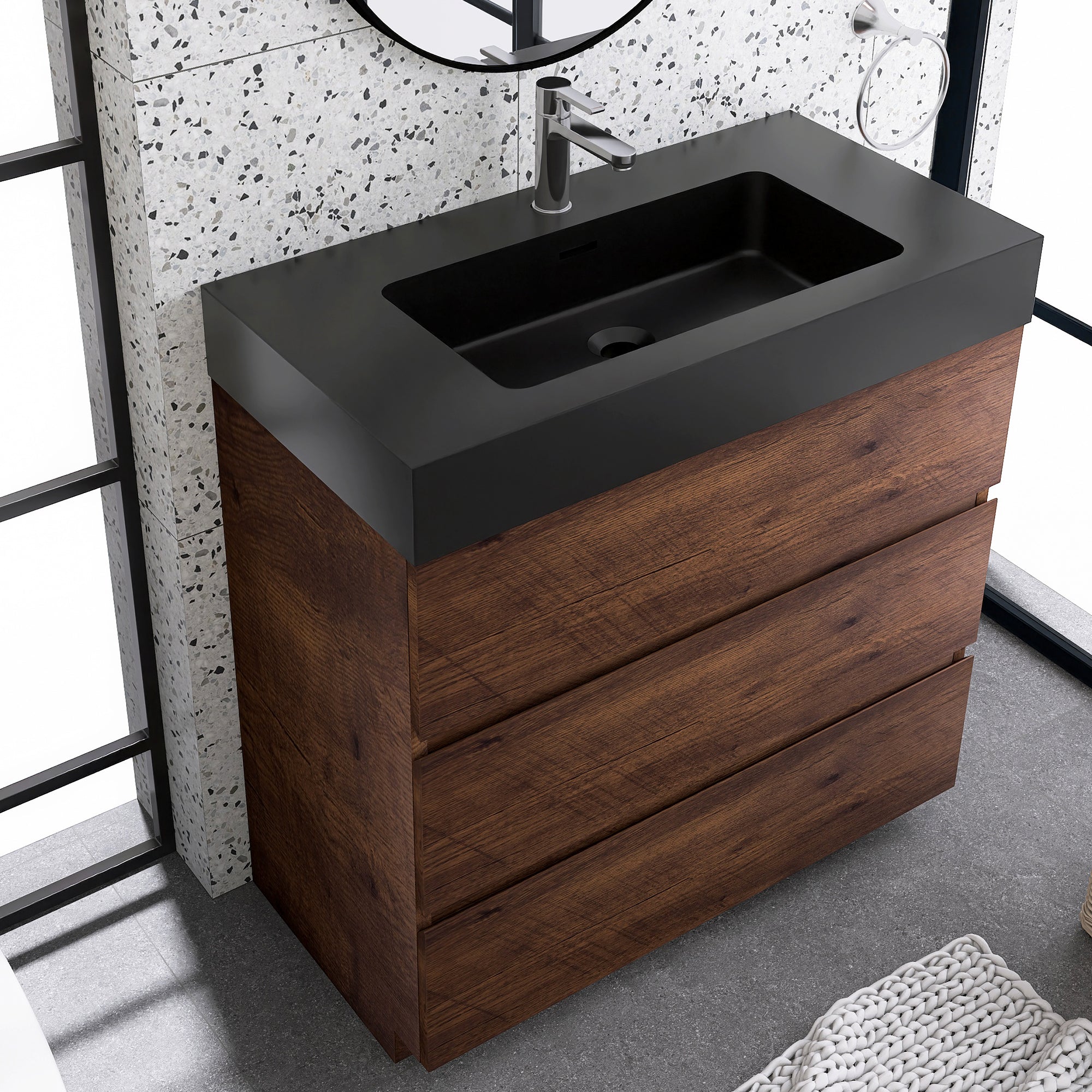 Wood Freestanding Bathroom Vanity Set with Integrated Solid Surface Sink