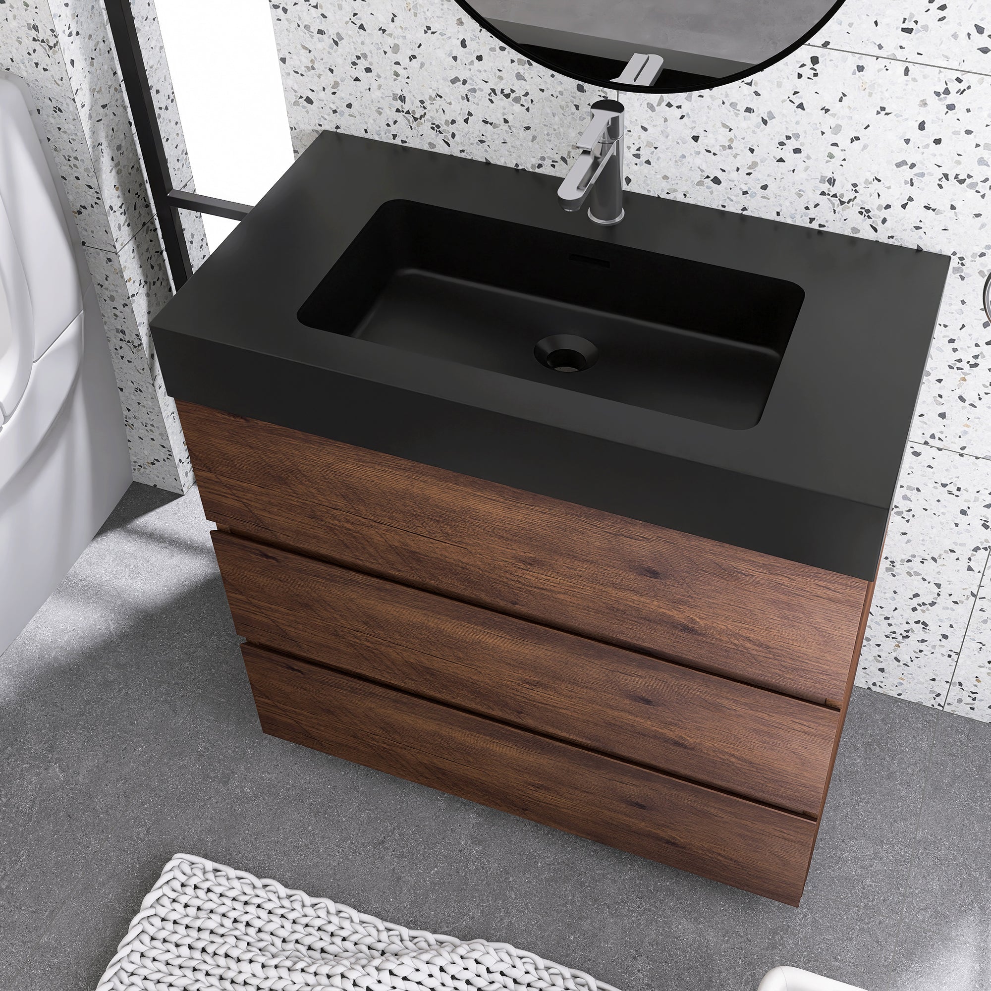 Wood Freestanding Bathroom Vanity Set with Integrated Solid Surface Sink