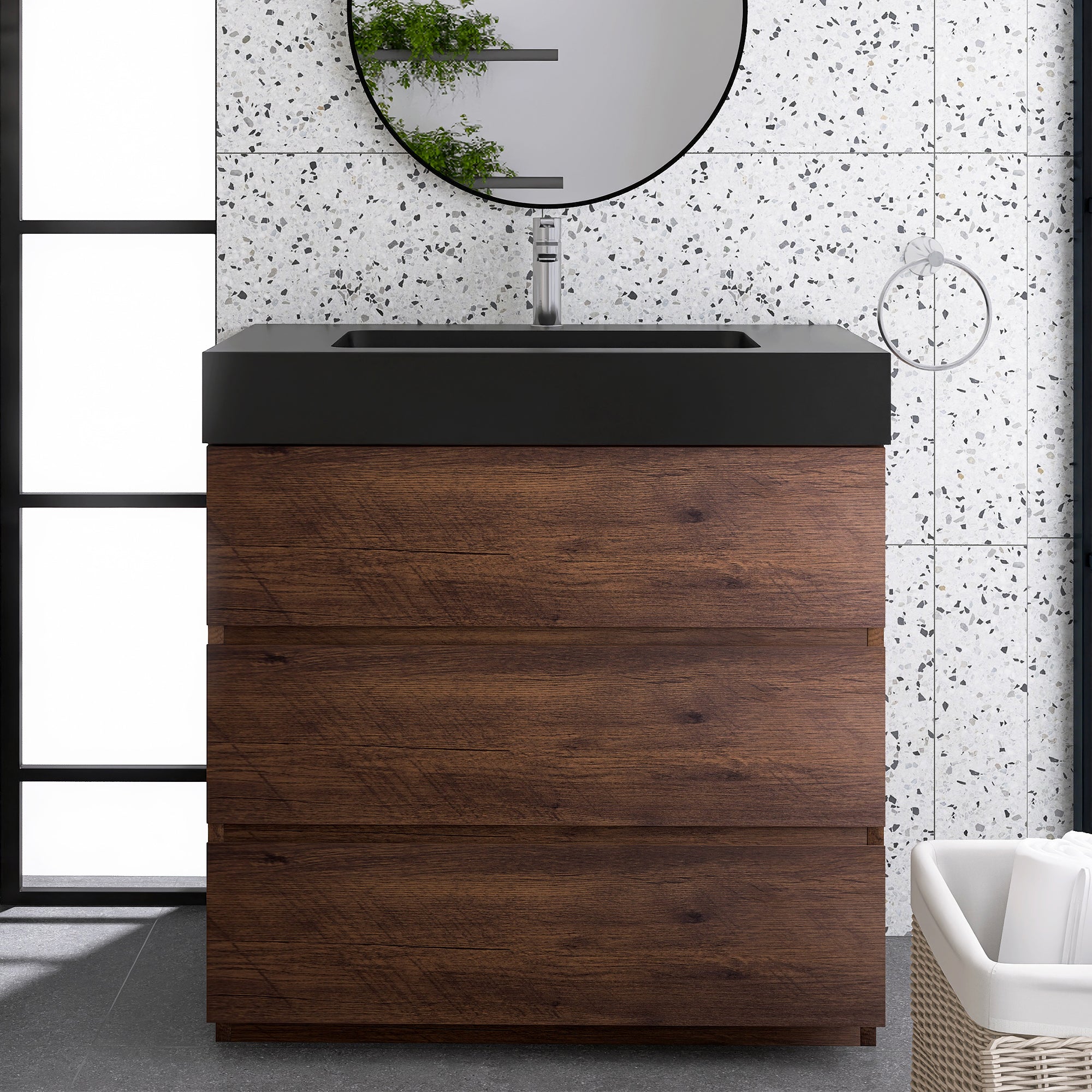 Wood Freestanding Bathroom Vanity Set with Integrated Solid Surface Sink