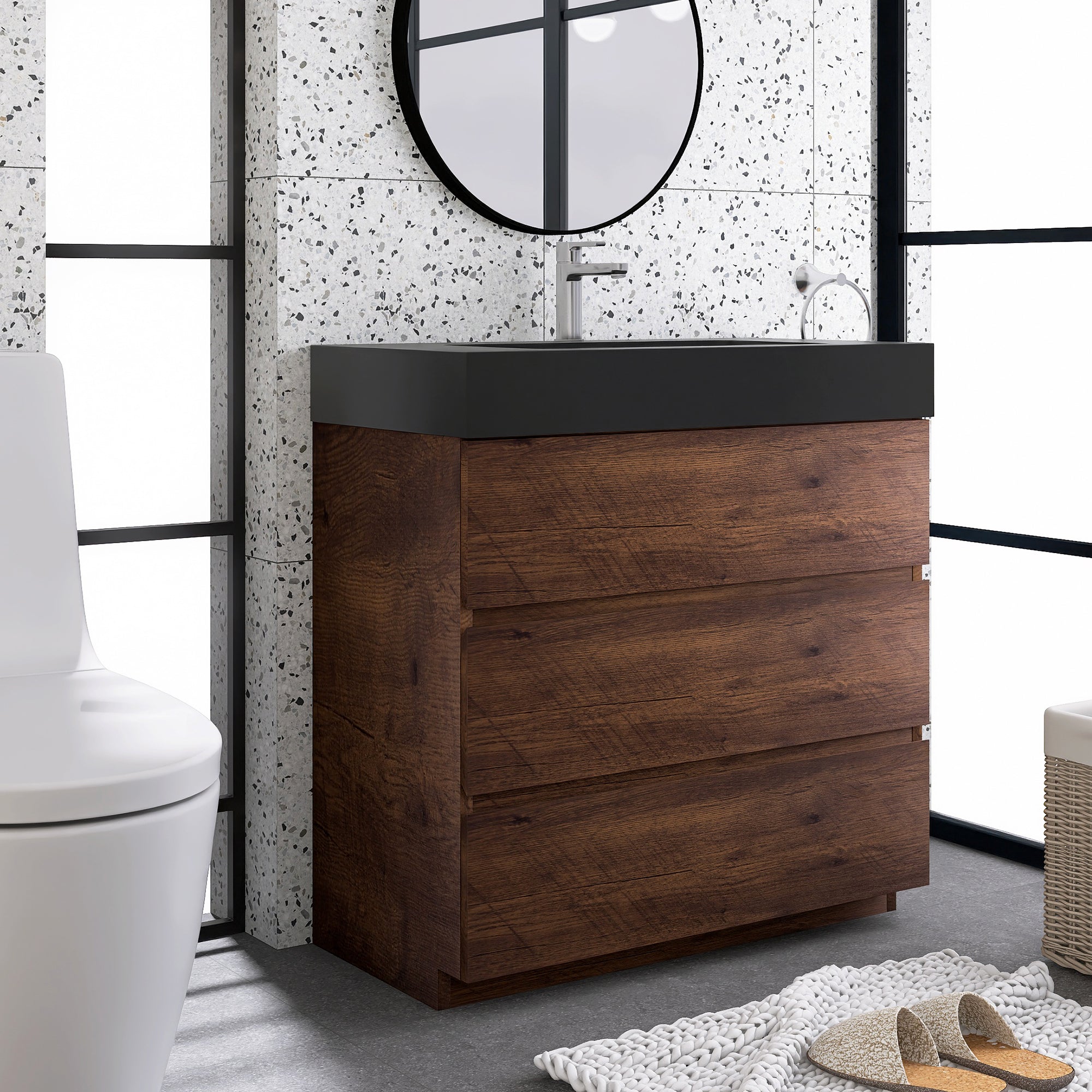 Wood Freestanding Bathroom Vanity Set with Integrated Solid Surface Sink