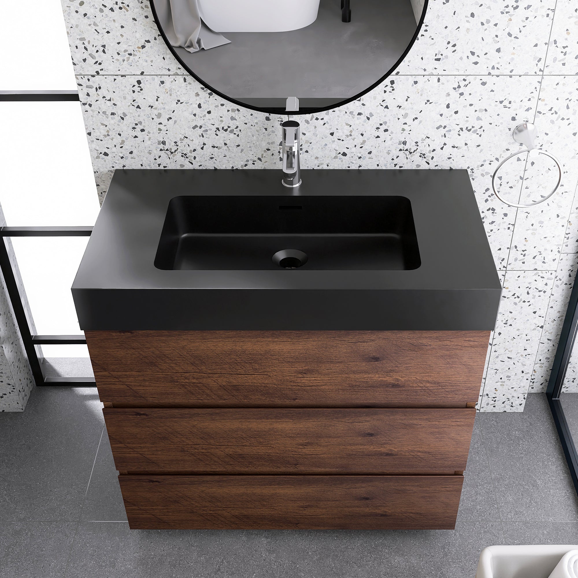 Wood Freestanding Bathroom Vanity Set with Integrated Solid Surface Sink