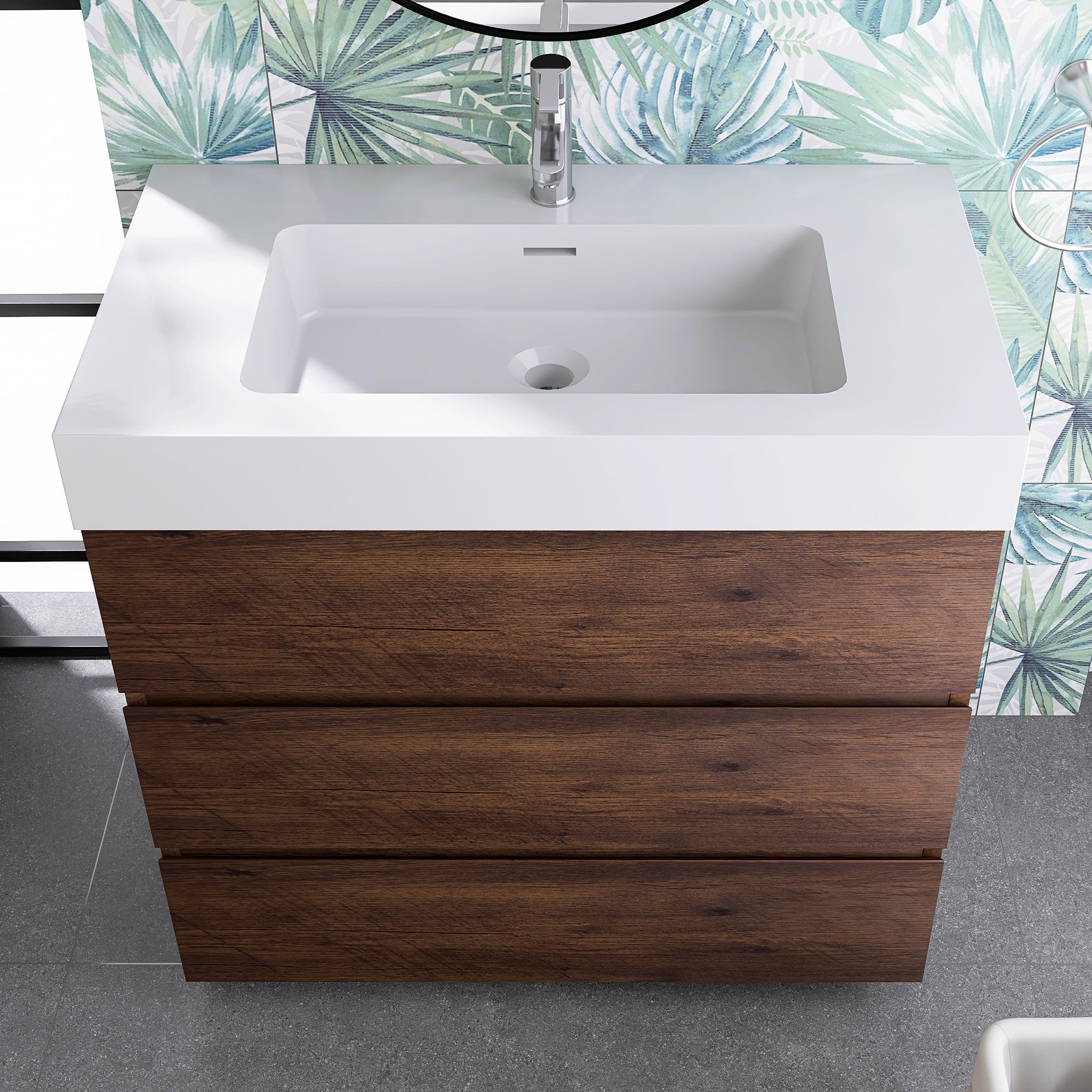 Wood Freestanding Bathroom Vanity Set with Integrated Solid Surface Sink