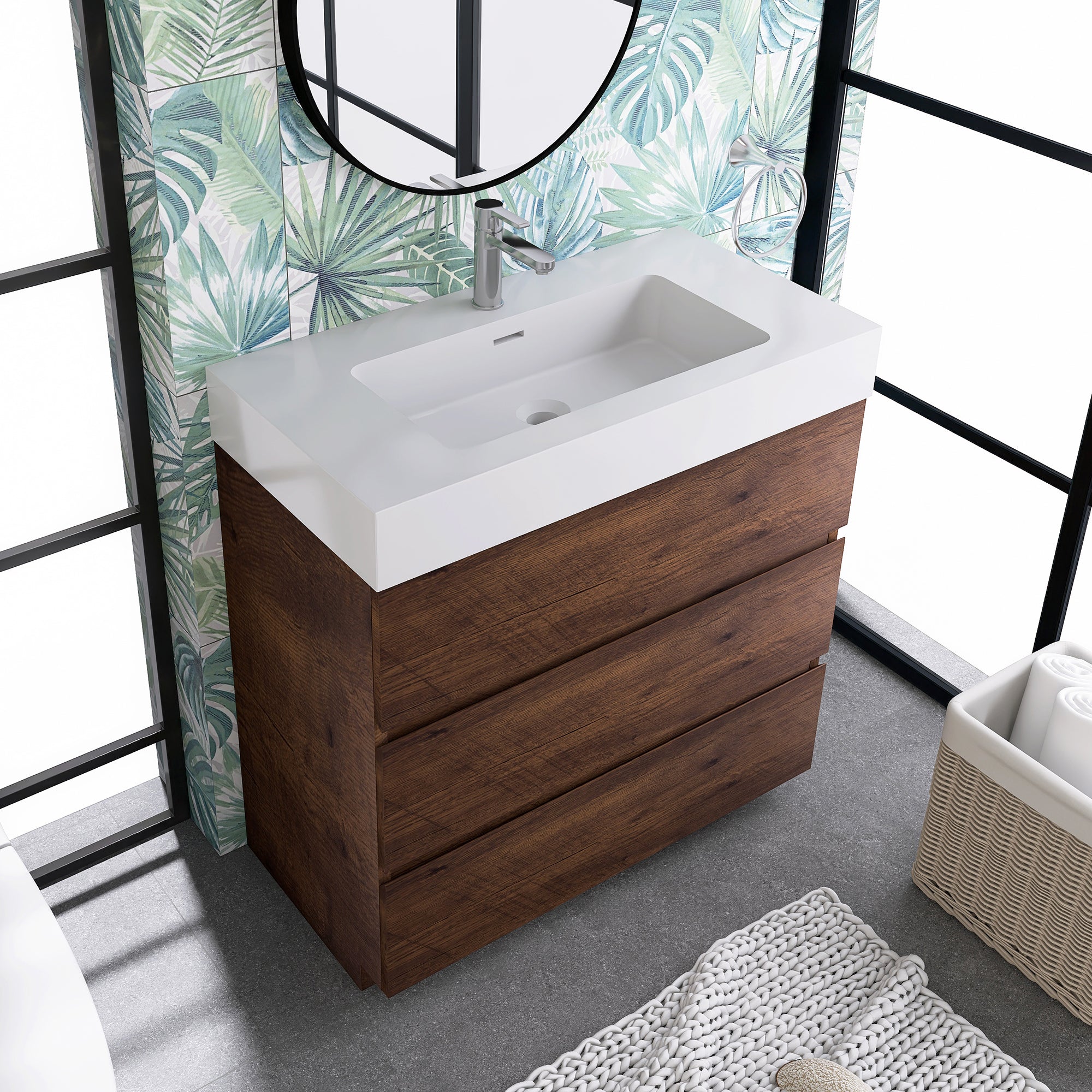 Wood Freestanding Bathroom Vanity Set with Integrated Solid Surface Sink