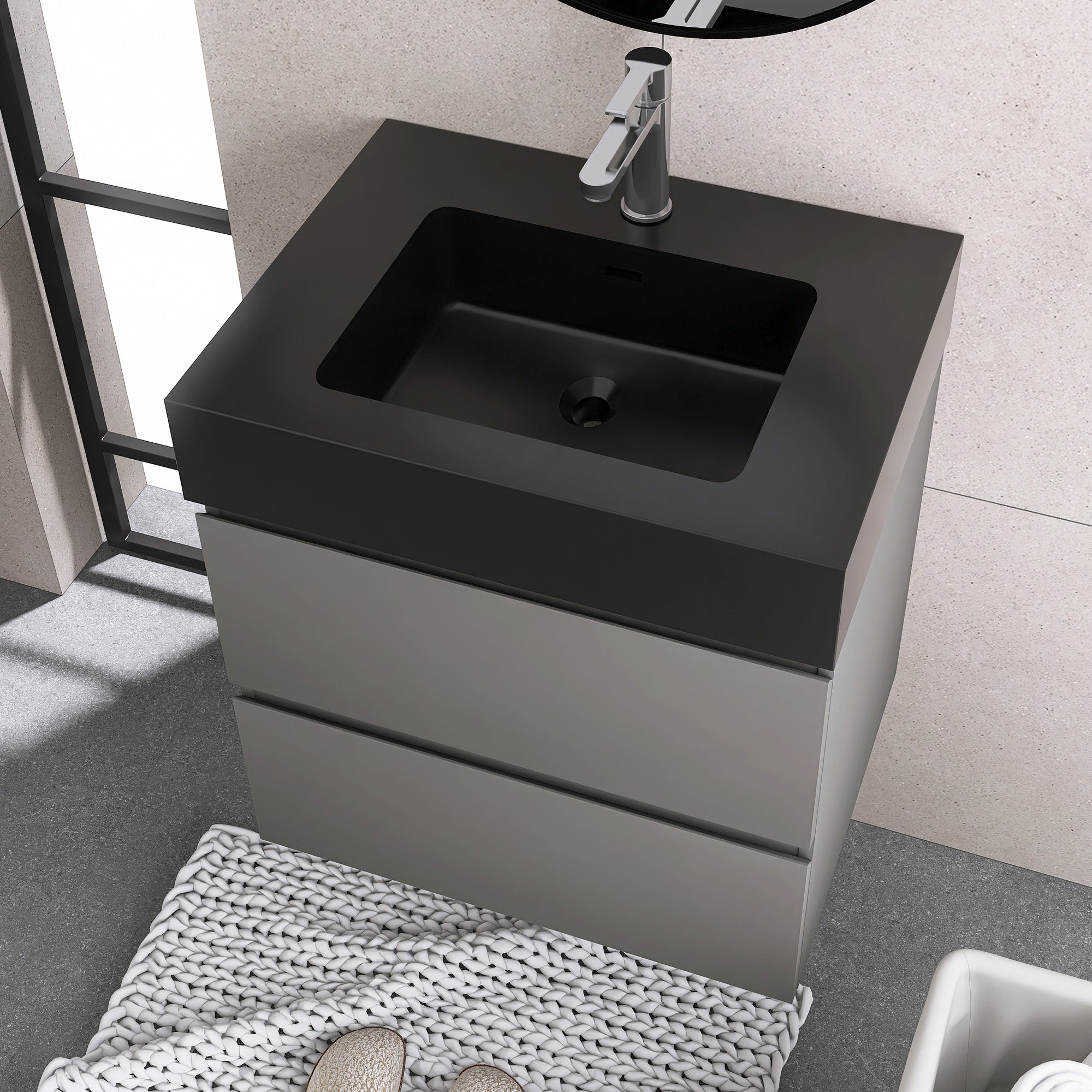 Wood Wall-Mounted Bathroom Vanity Set with Integrated Solid Surface Sink