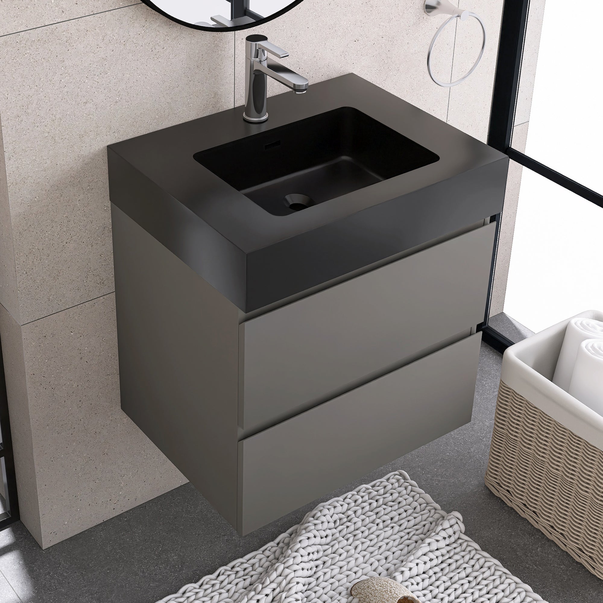 Wood Wall-Mounted Bathroom Vanity Set with Integrated Solid Surface Sink