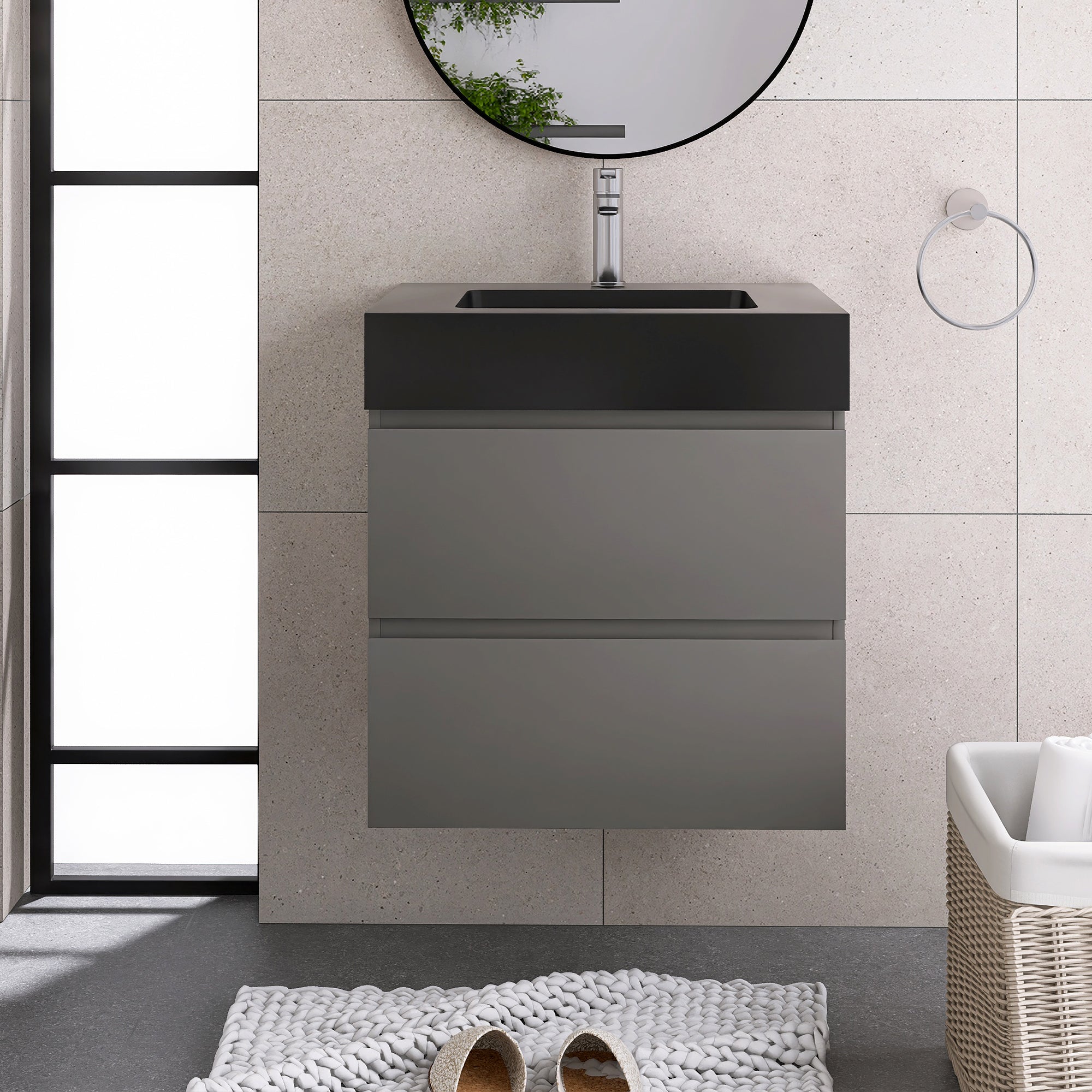 Wood Wall-Mounted Bathroom Vanity Set with Integrated Solid Surface Sink