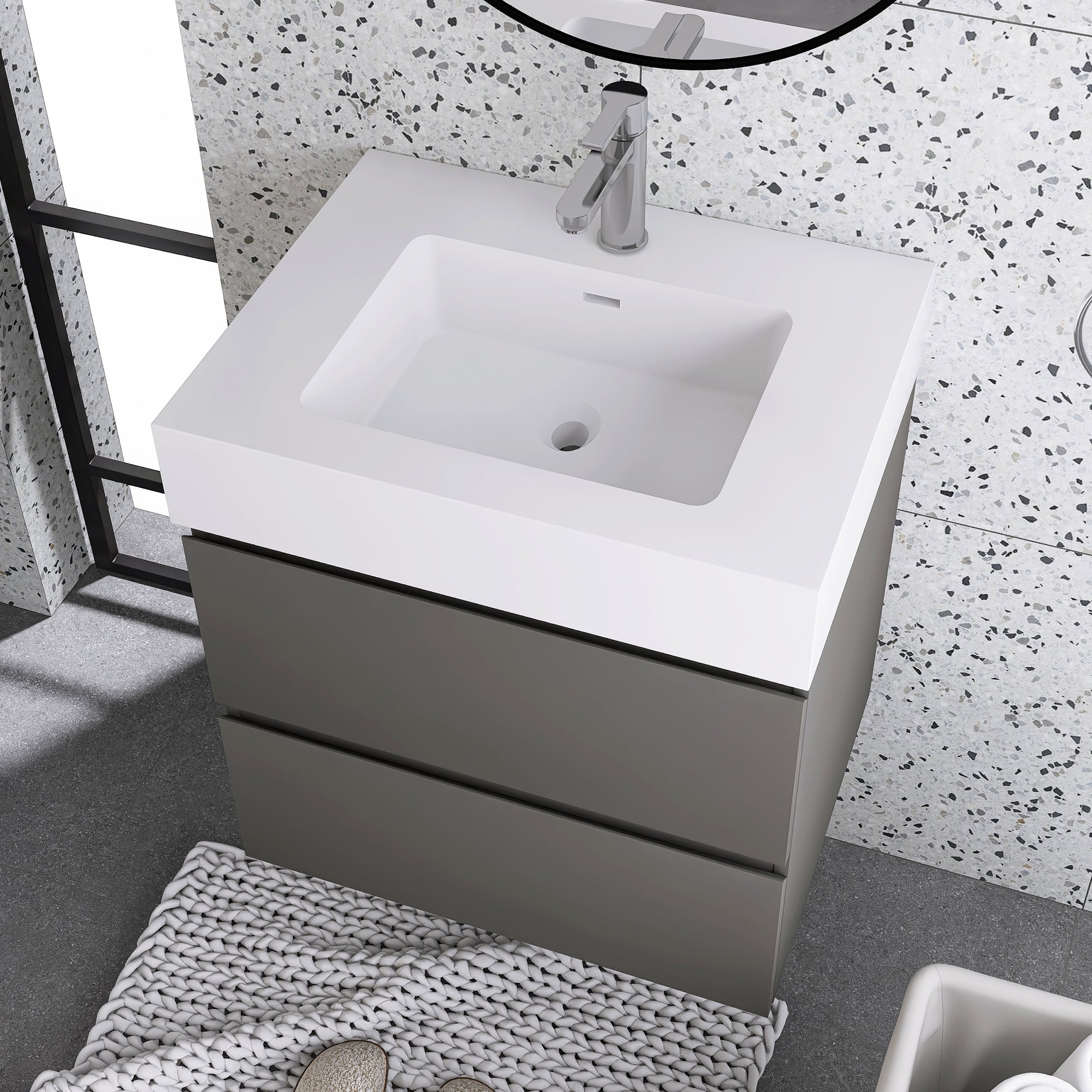 Wood Wall-Mounted Bathroom Vanity Set with Integrated Solid Surface Sink