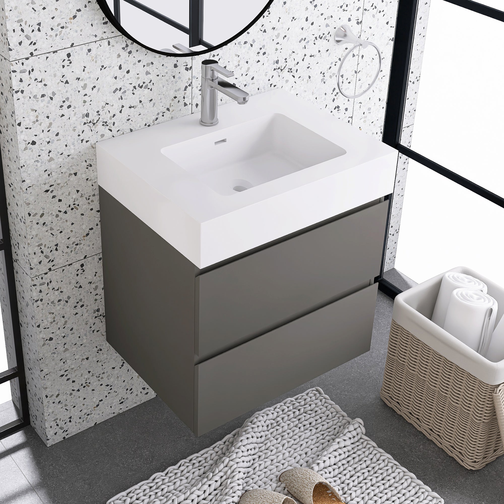 Wood Wall-Mounted Bathroom Vanity Set with Integrated Solid Surface Sink