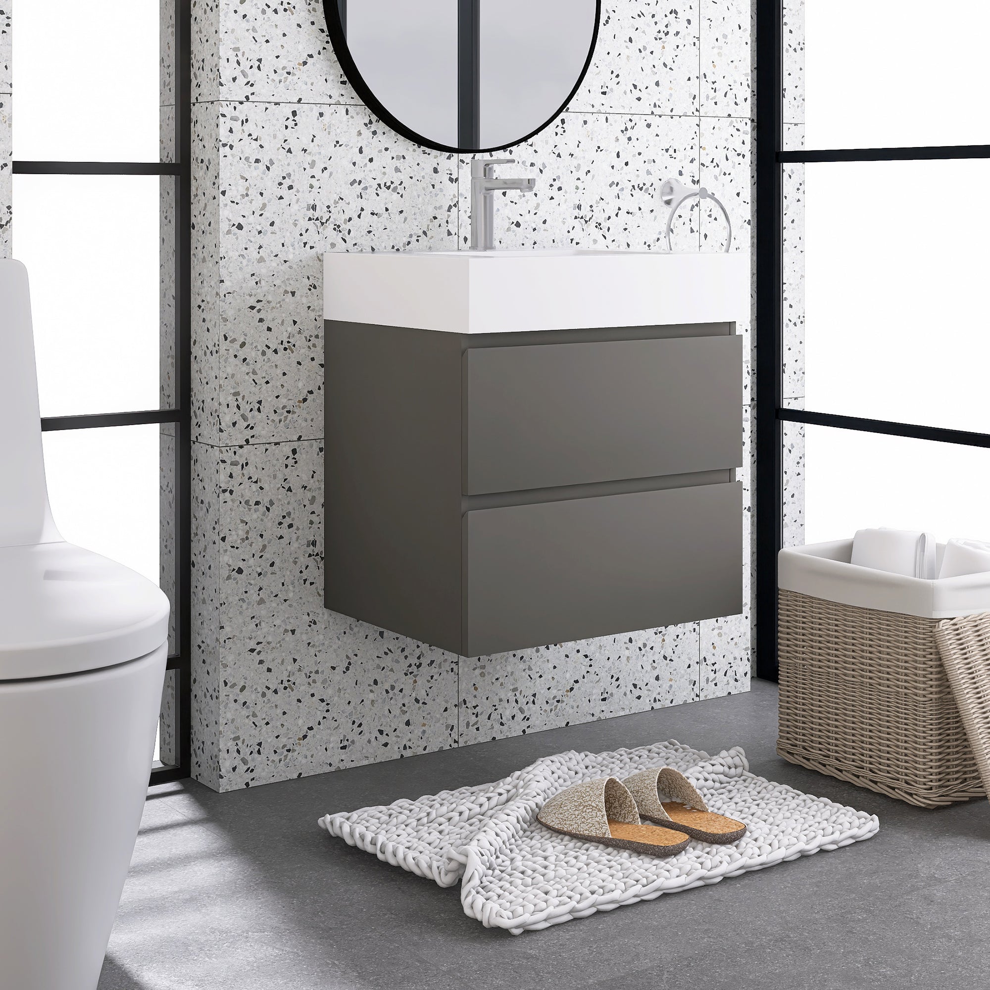 Wood Wall-Mounted Bathroom Vanity Set with Integrated Solid Surface Sink