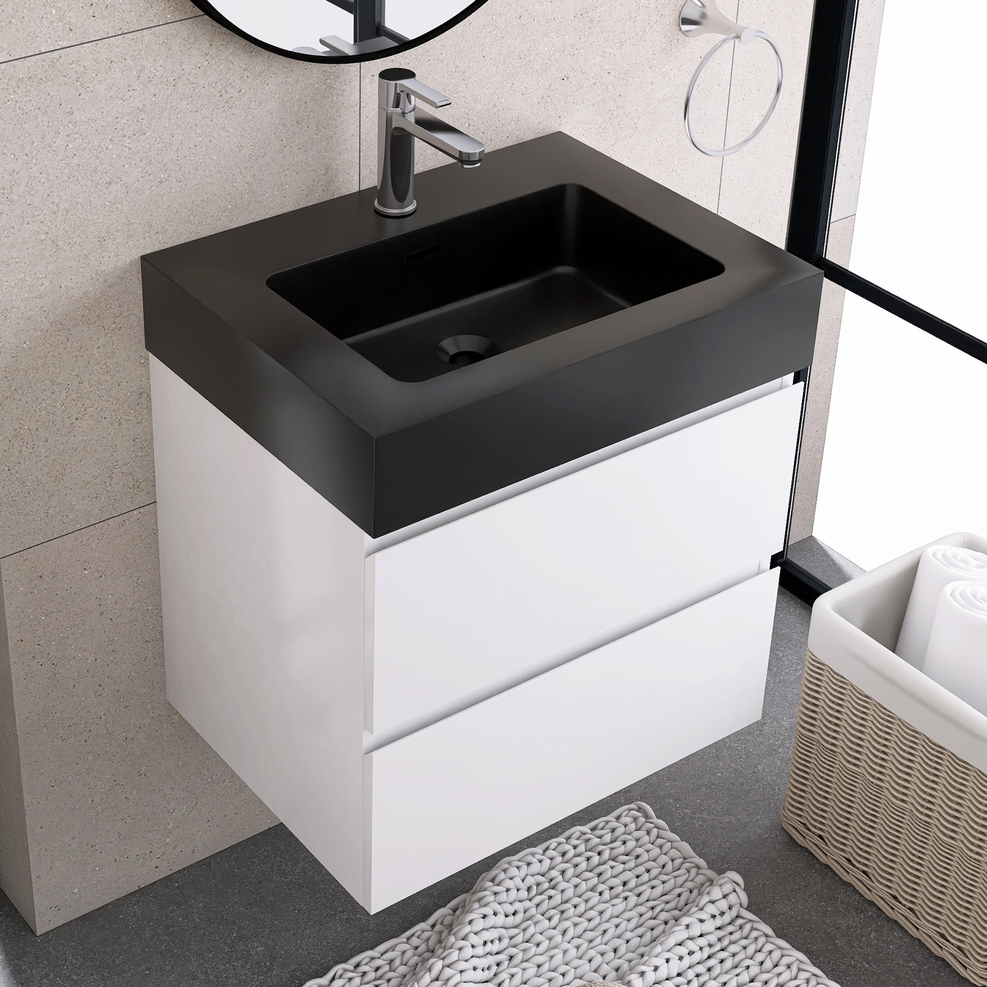 Wood Wall-Mounted Bathroom Vanity Set with Integrated Solid Surface Sink