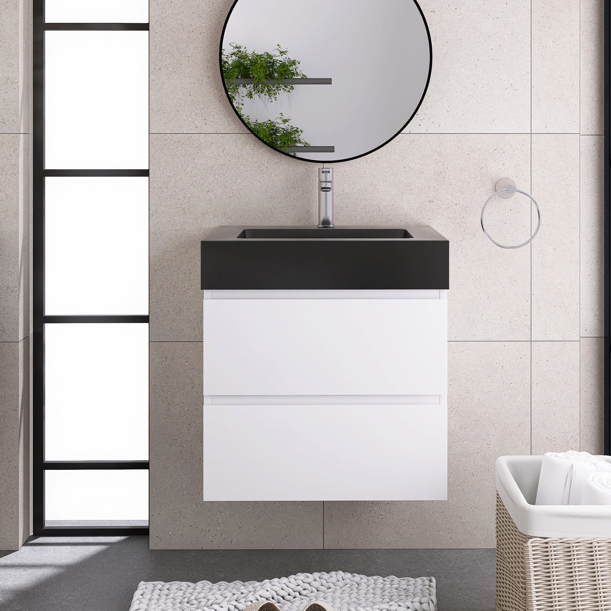 Wood Wall-Mounted Bathroom Vanity Set with Integrated Solid Surface Sink