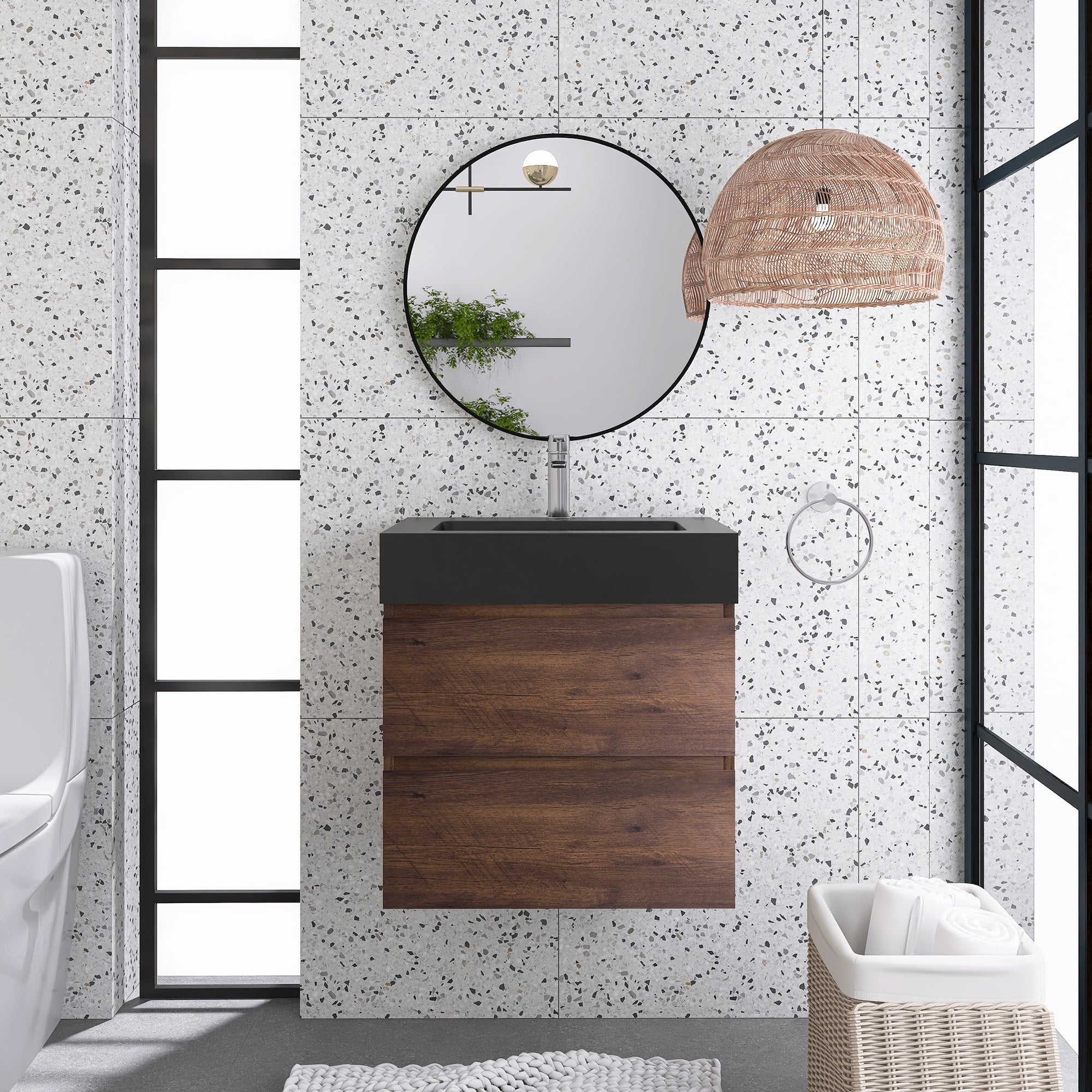 Wood Wall-Mounted Bathroom Vanity Set with Integrated Solid Surface Sink