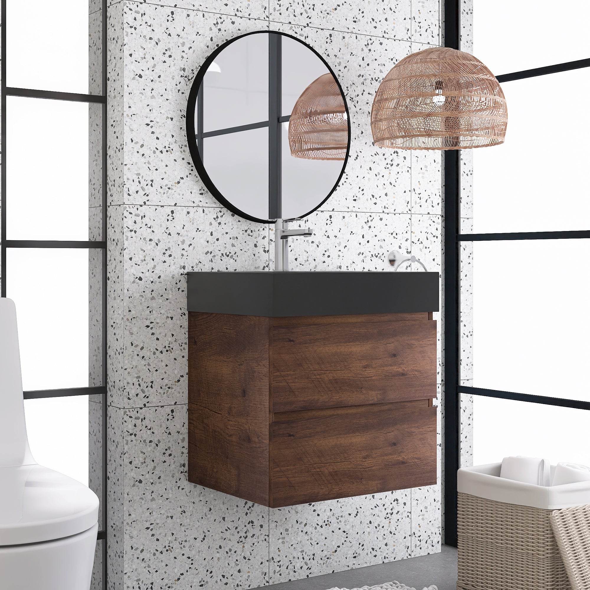 Wood Wall-Mounted Bathroom Vanity Set with Integrated Solid Surface Sink