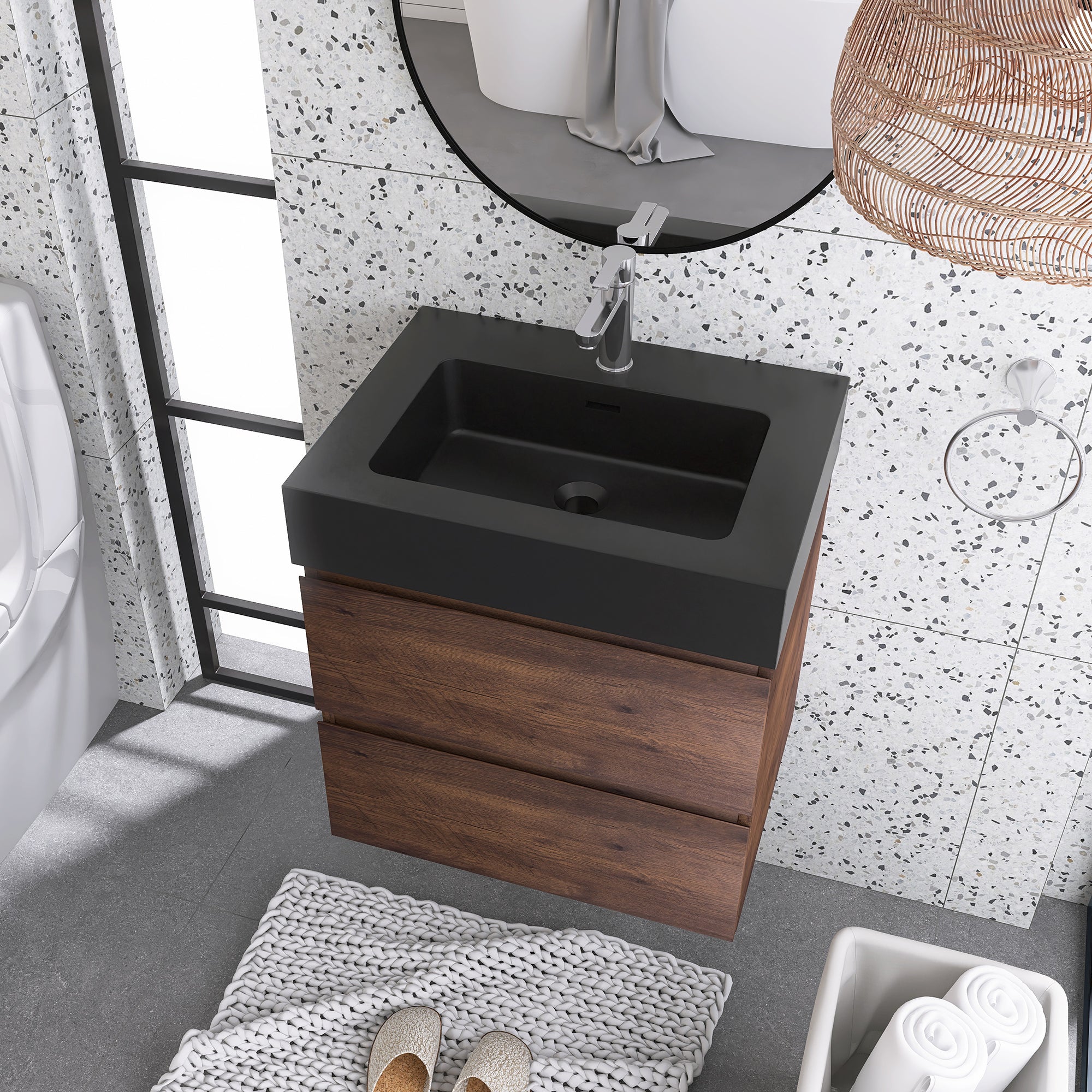 Wood Wall-Mounted Bathroom Vanity Set with Integrated Solid Surface Sink