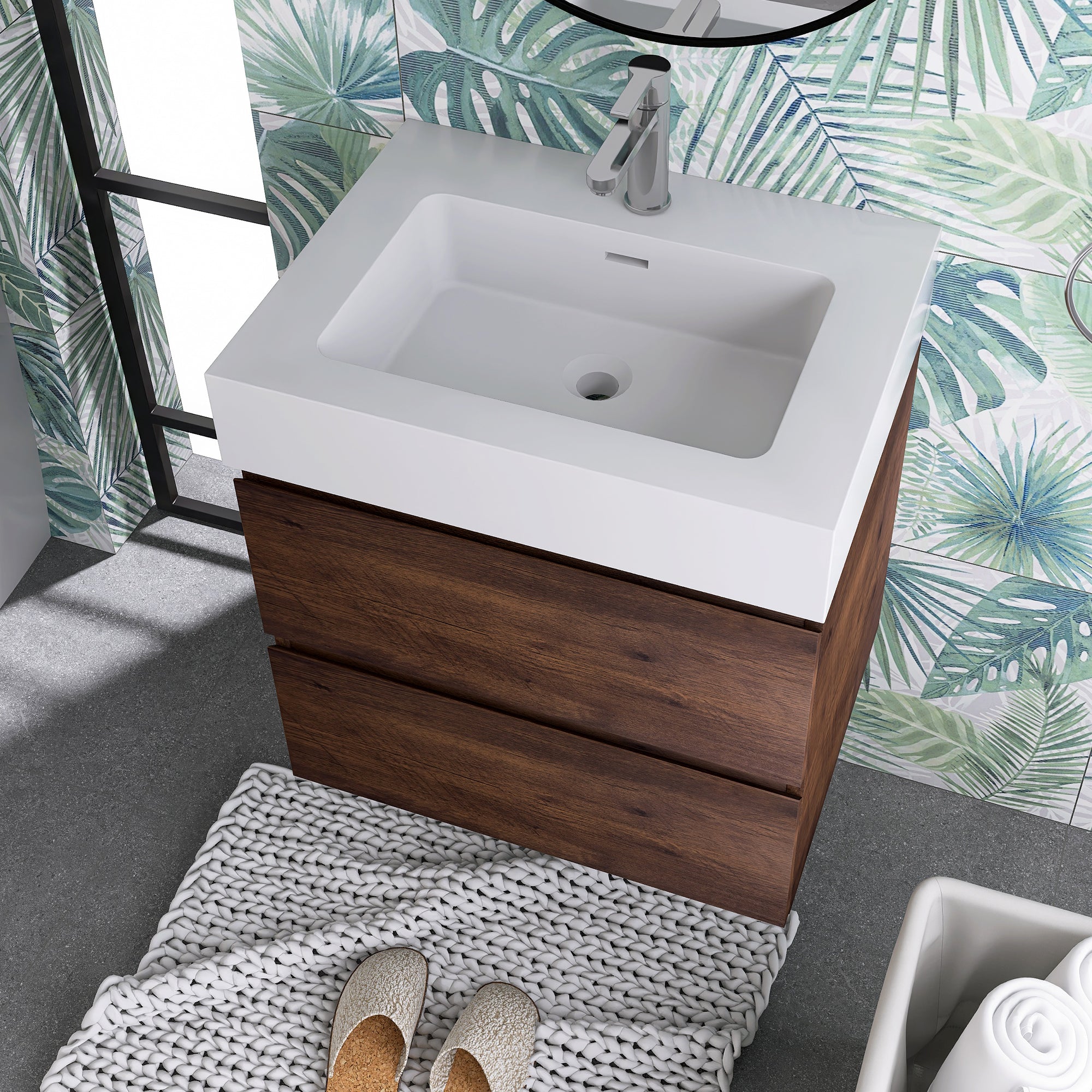 Wood Wall-Mounted Bathroom Vanity Set with Integrated Solid Surface Sink