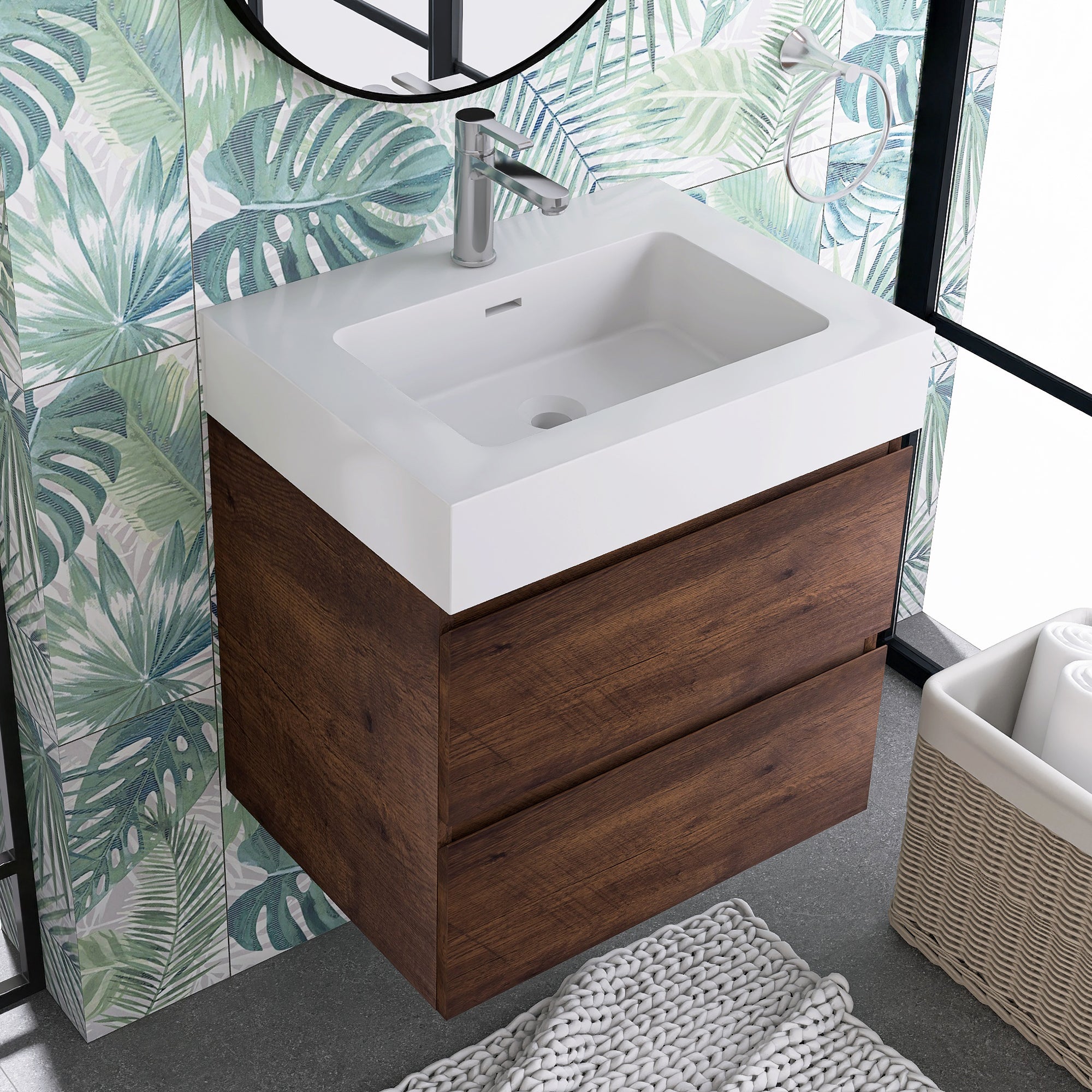 Wood Wall-Mounted Bathroom Vanity Set with Integrated Solid Surface Sink