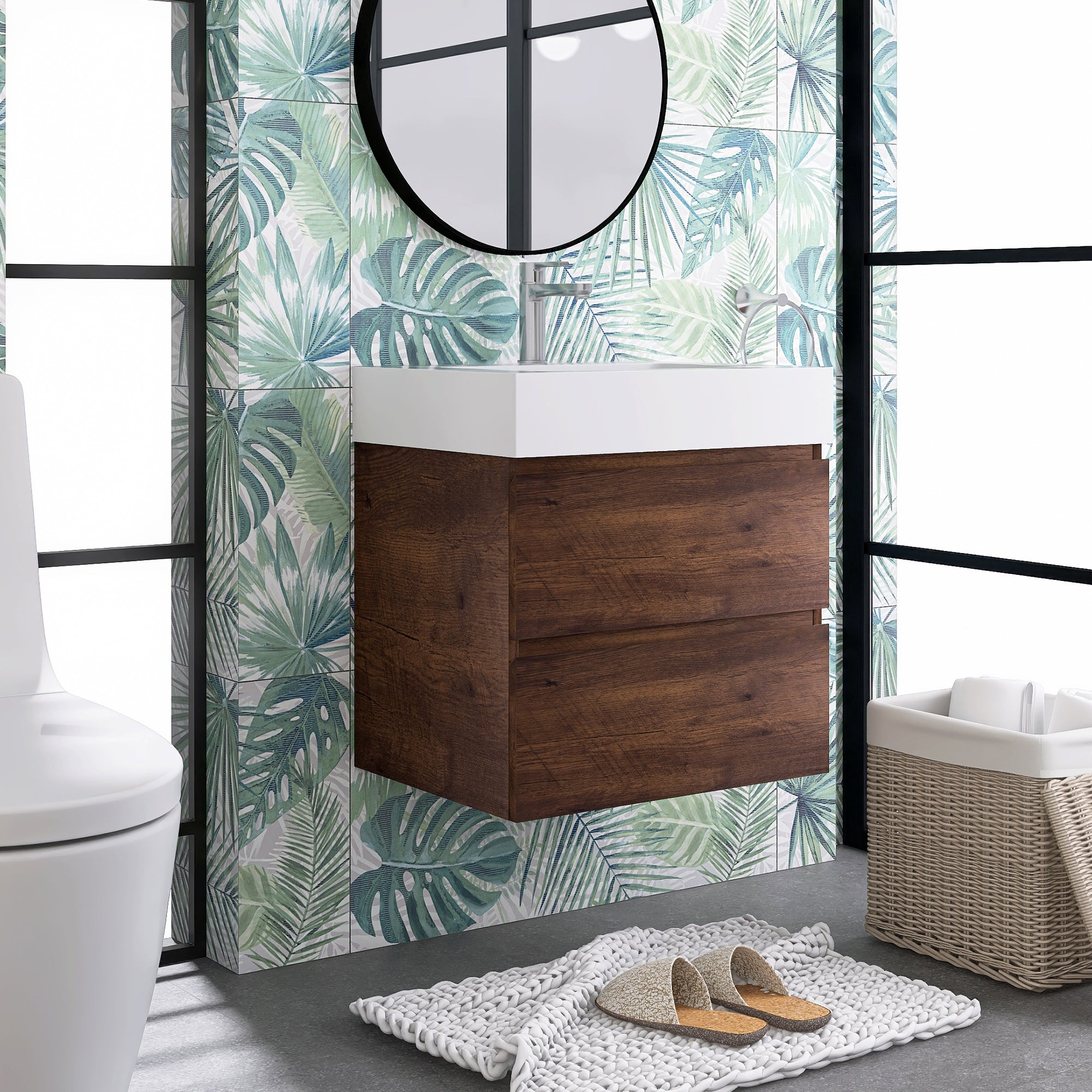 Wood Wall-Mounted Bathroom Vanity Set with Integrated Solid Surface Sink