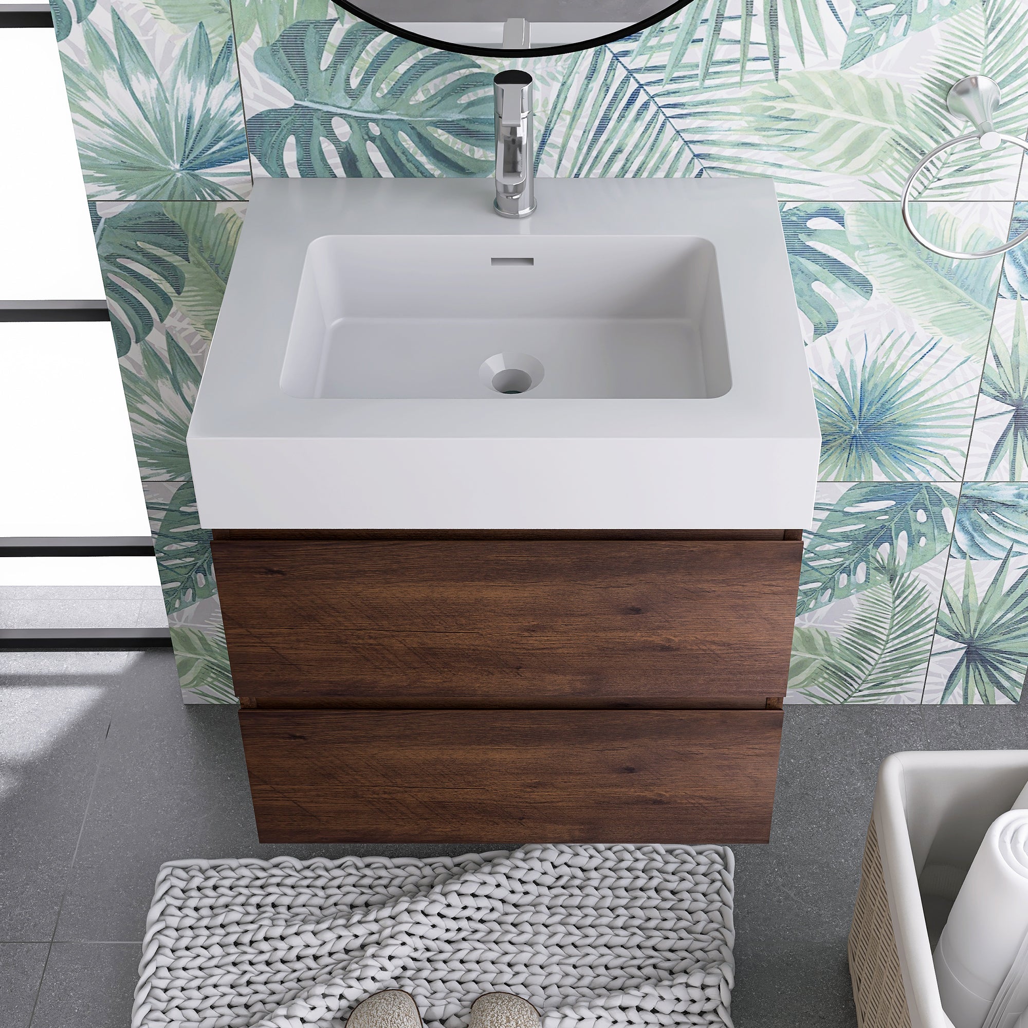 Wood Wall-Mounted Bathroom Vanity Set with Integrated Solid Surface Sink