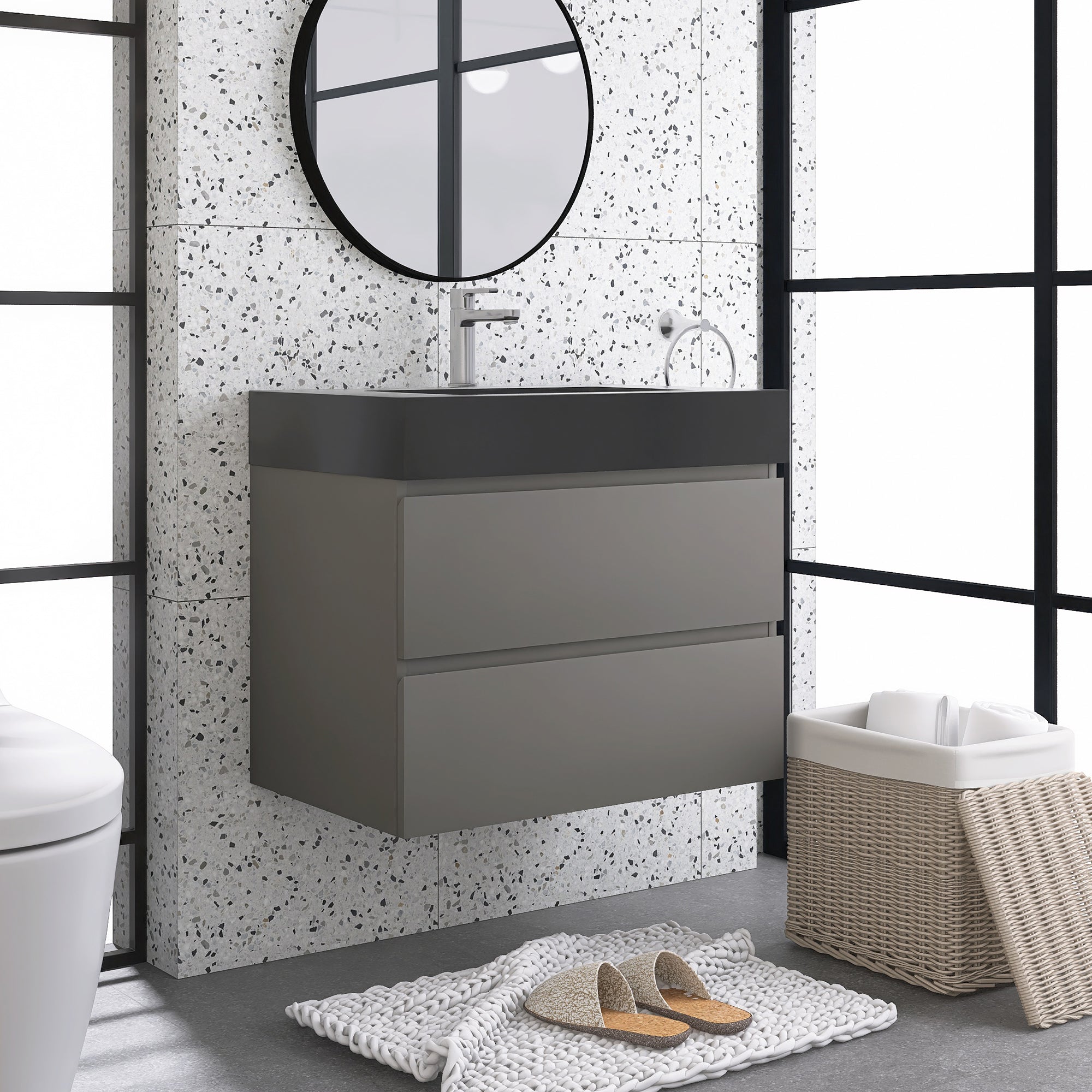 Wood Wall-Mounted Bathroom Vanity Set with Integrated Solid Surface Sink