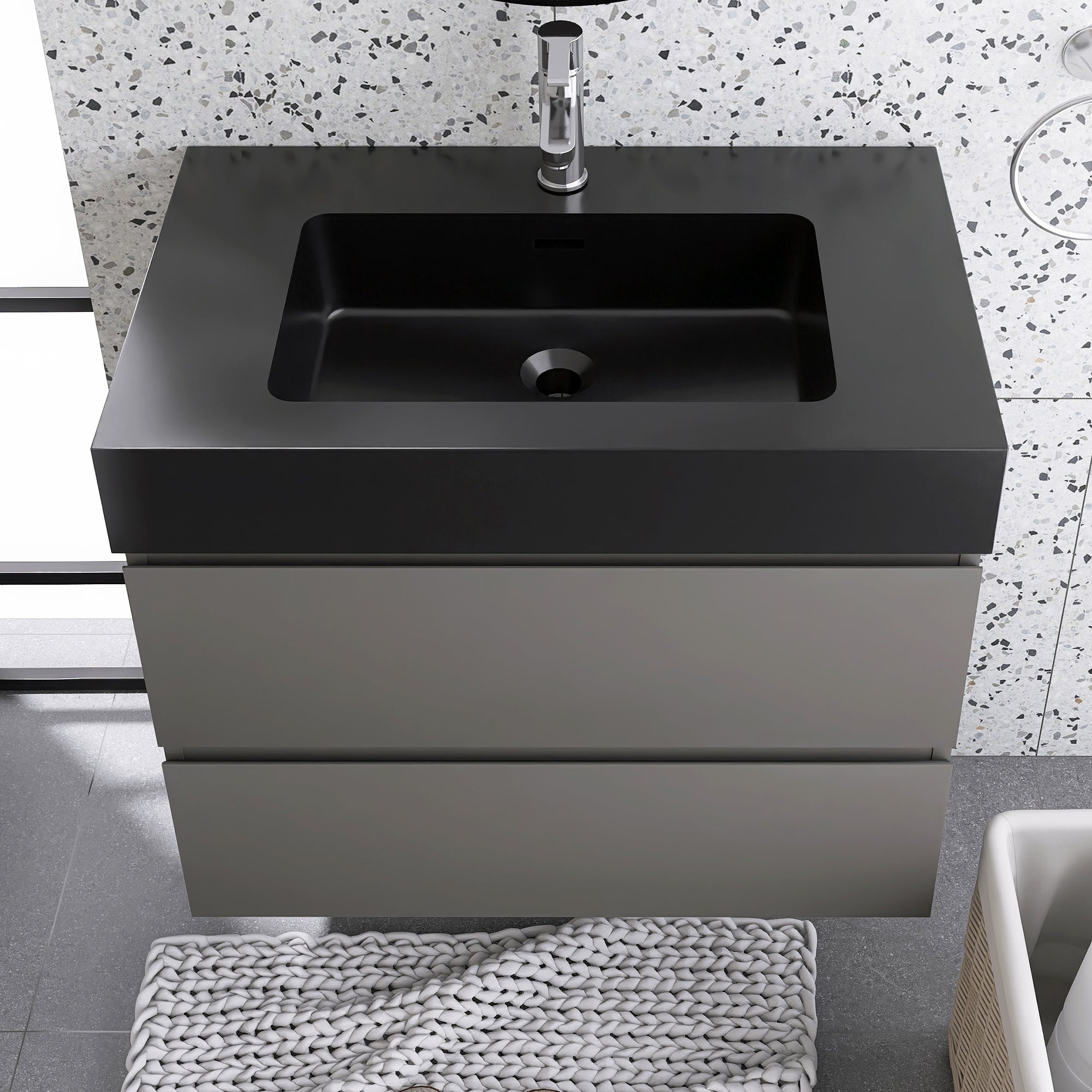 Wood Wall-Mounted Bathroom Vanity Set with Integrated Solid Surface Sink