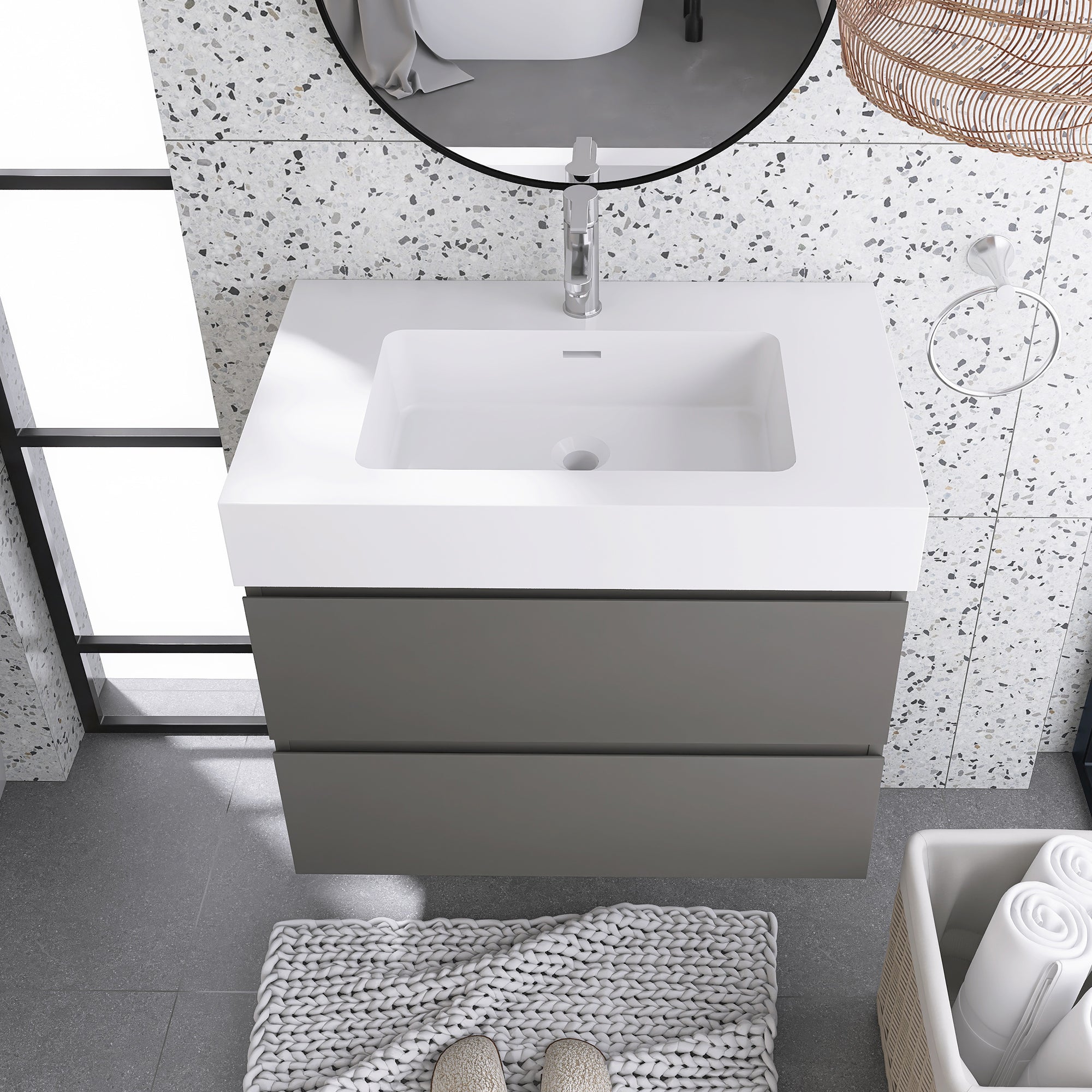 Wood Wall-Mounted Bathroom Vanity Set with Integrated Solid Surface Sink