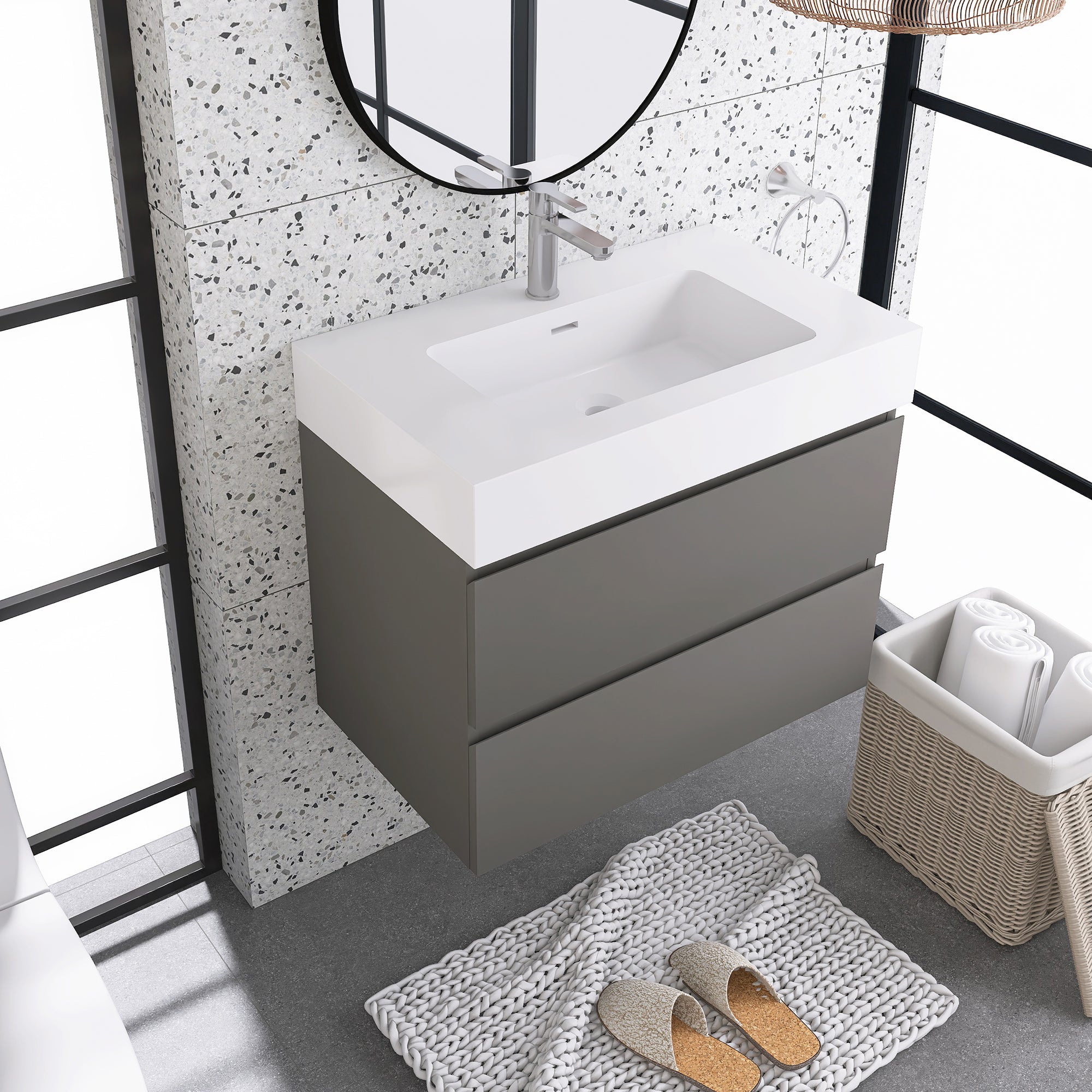 Wood Wall-Mounted Bathroom Vanity Set with Integrated Solid Surface Sink