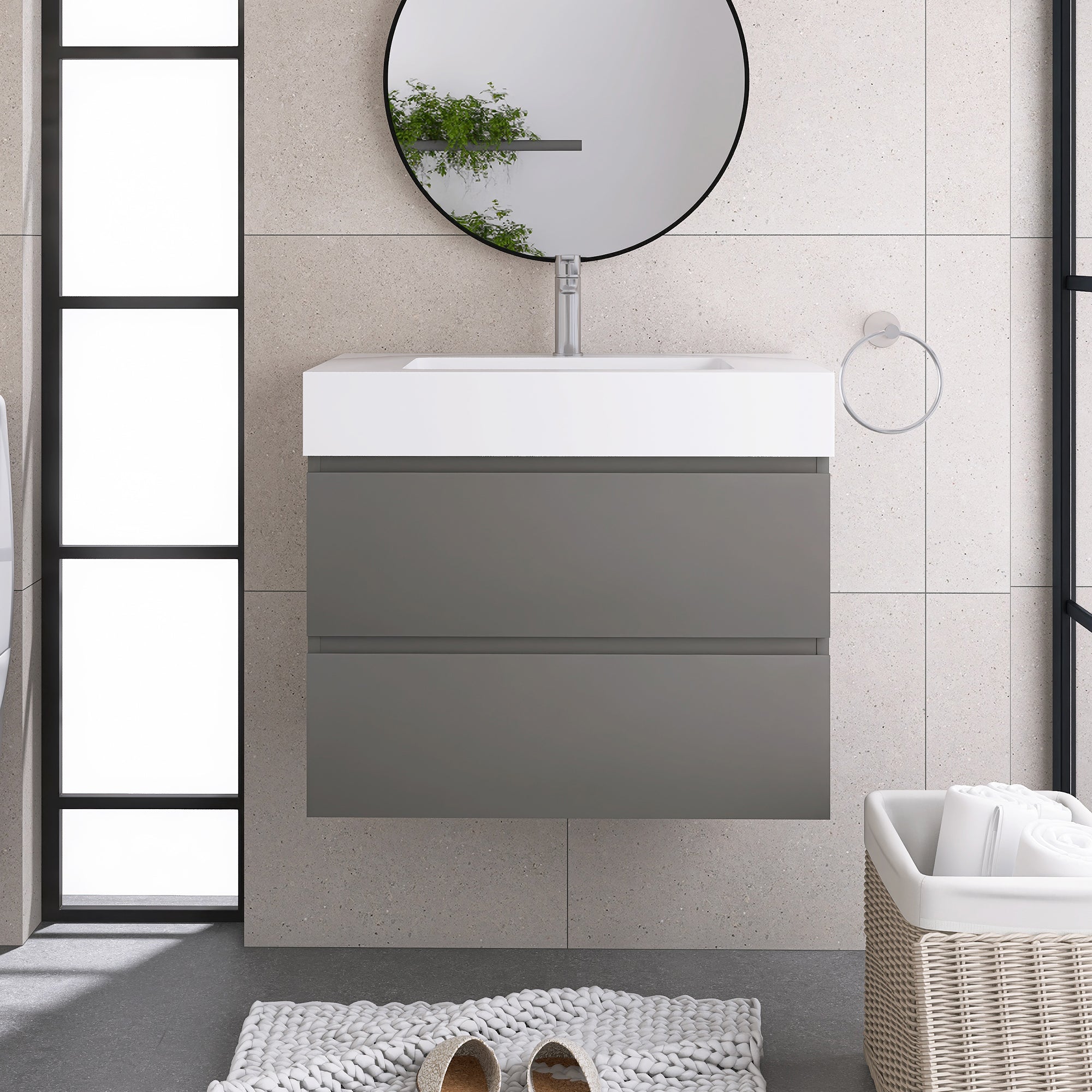 Wood Wall-Mounted Bathroom Vanity Set with Integrated Solid Surface Sink