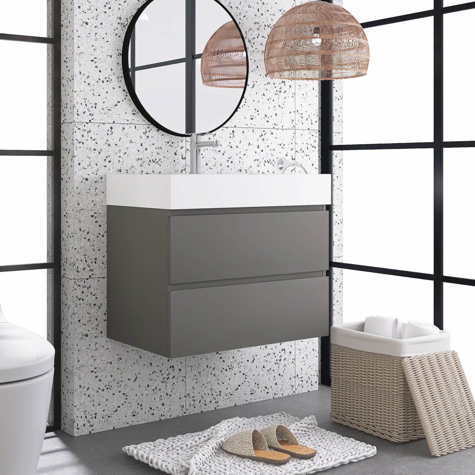 Wood Wall-Mounted Bathroom Vanity Set with Integrated Solid Surface Sink