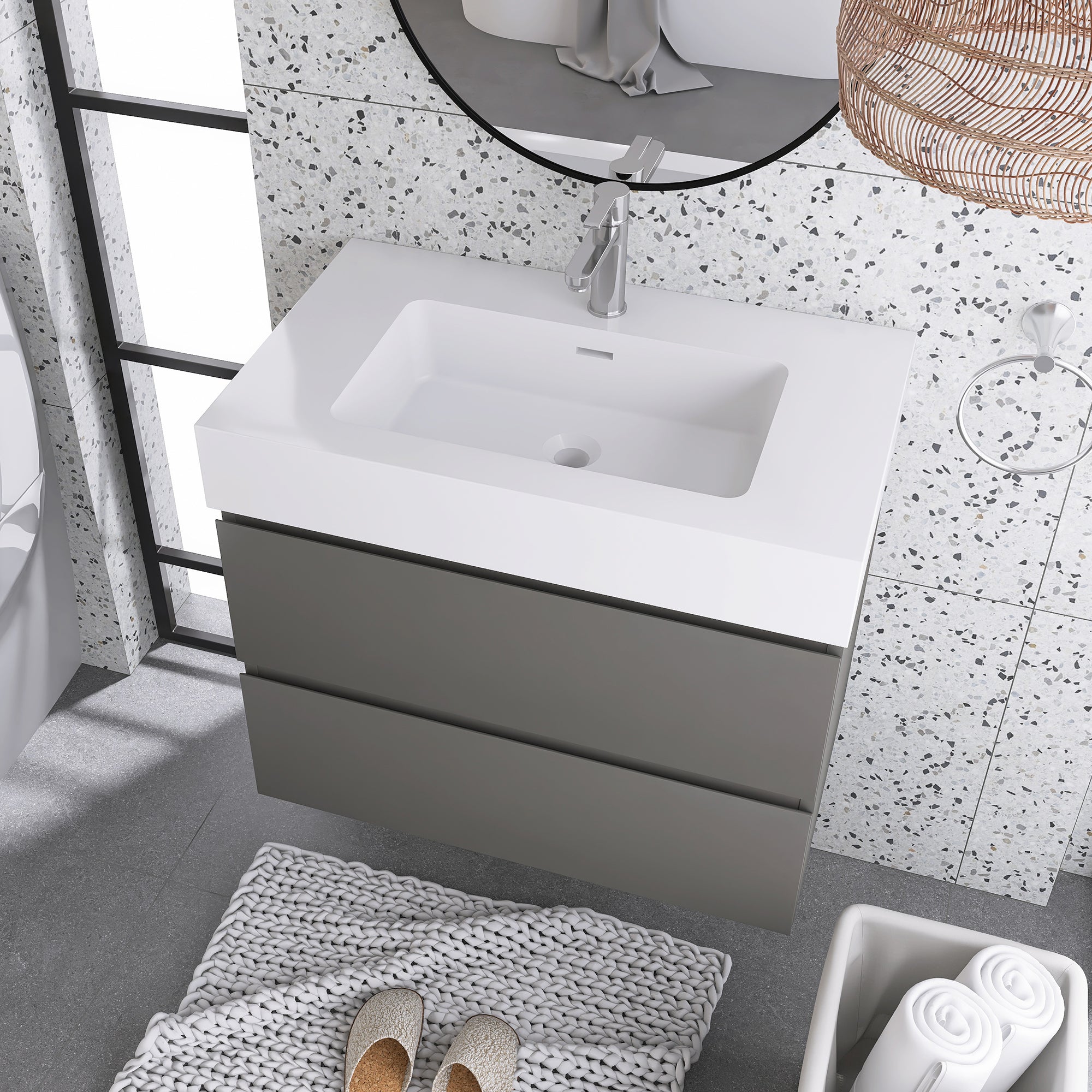 Wood Wall-Mounted Bathroom Vanity Set with Integrated Solid Surface Sink