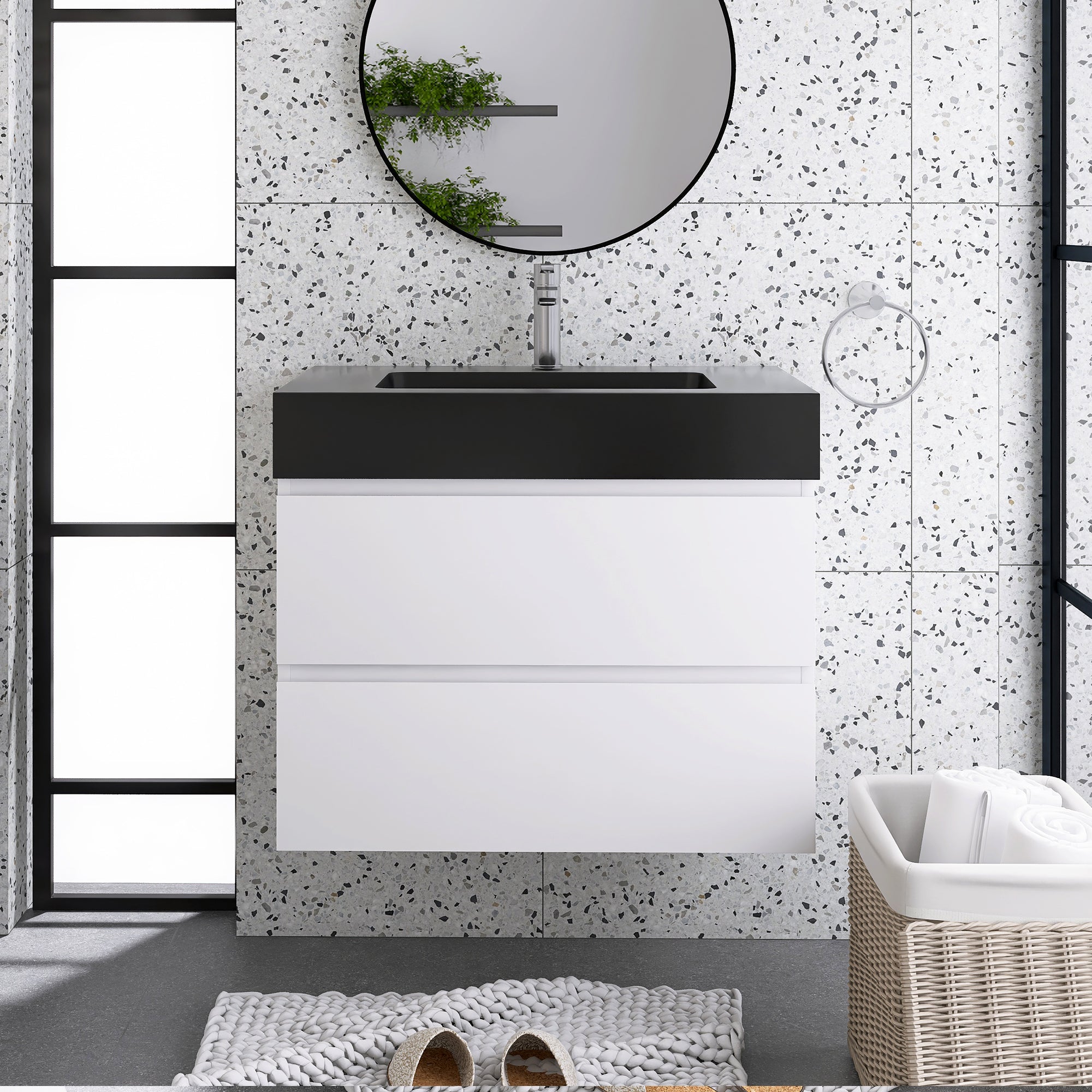 Wood Wall-Mounted Bathroom Vanity Set with Integrated Solid Surface Sink