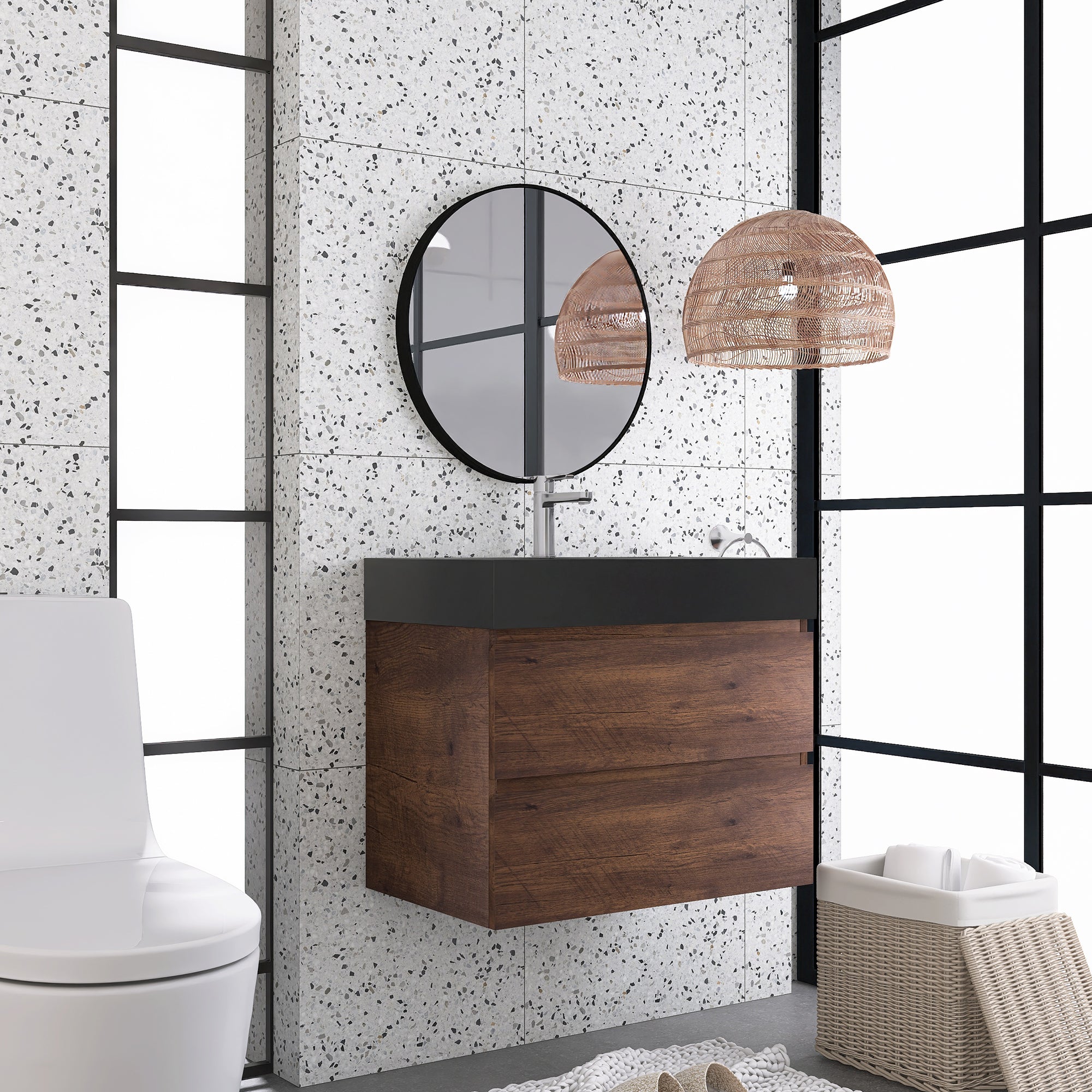 Wood Wall-Mounted Bathroom Vanity Set with Integrated Solid Surface Sink