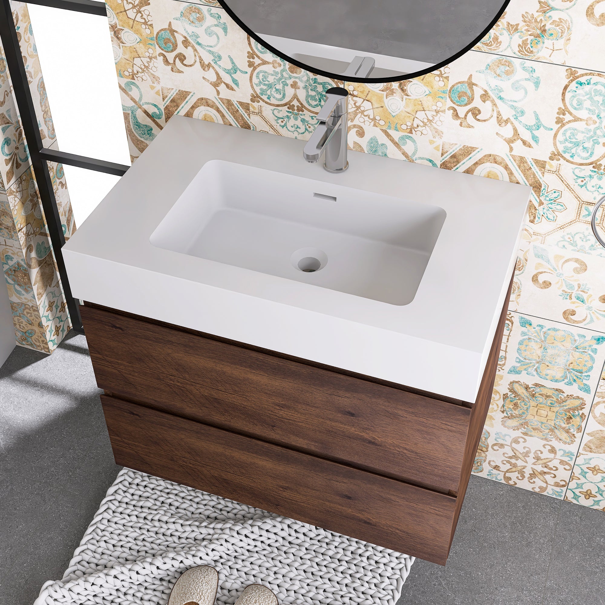 Wood Wall-Mounted Bathroom Vanity Set with Integrated Solid Surface Sink