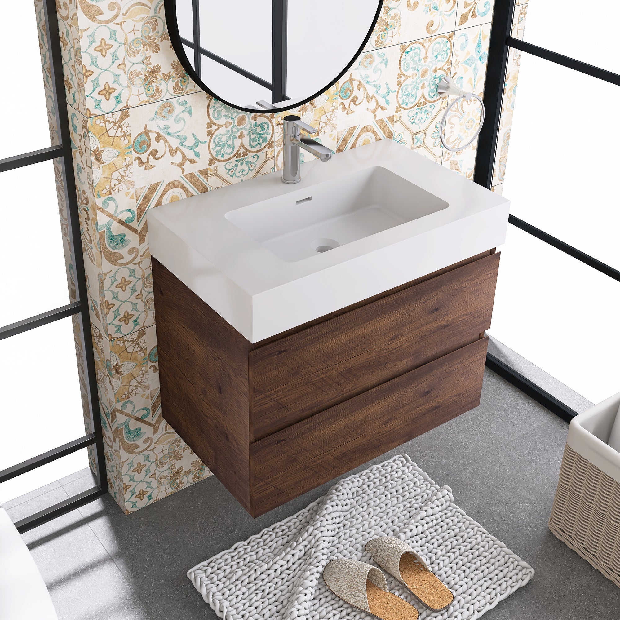 Wood Wall-Mounted Bathroom Vanity Set with Integrated Solid Surface Sink