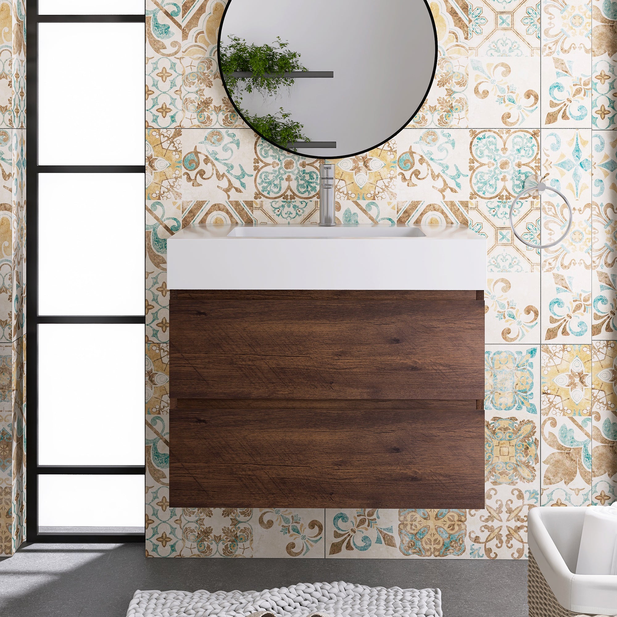 Wood Wall-Mounted Bathroom Vanity Set with Integrated Solid Surface Sink