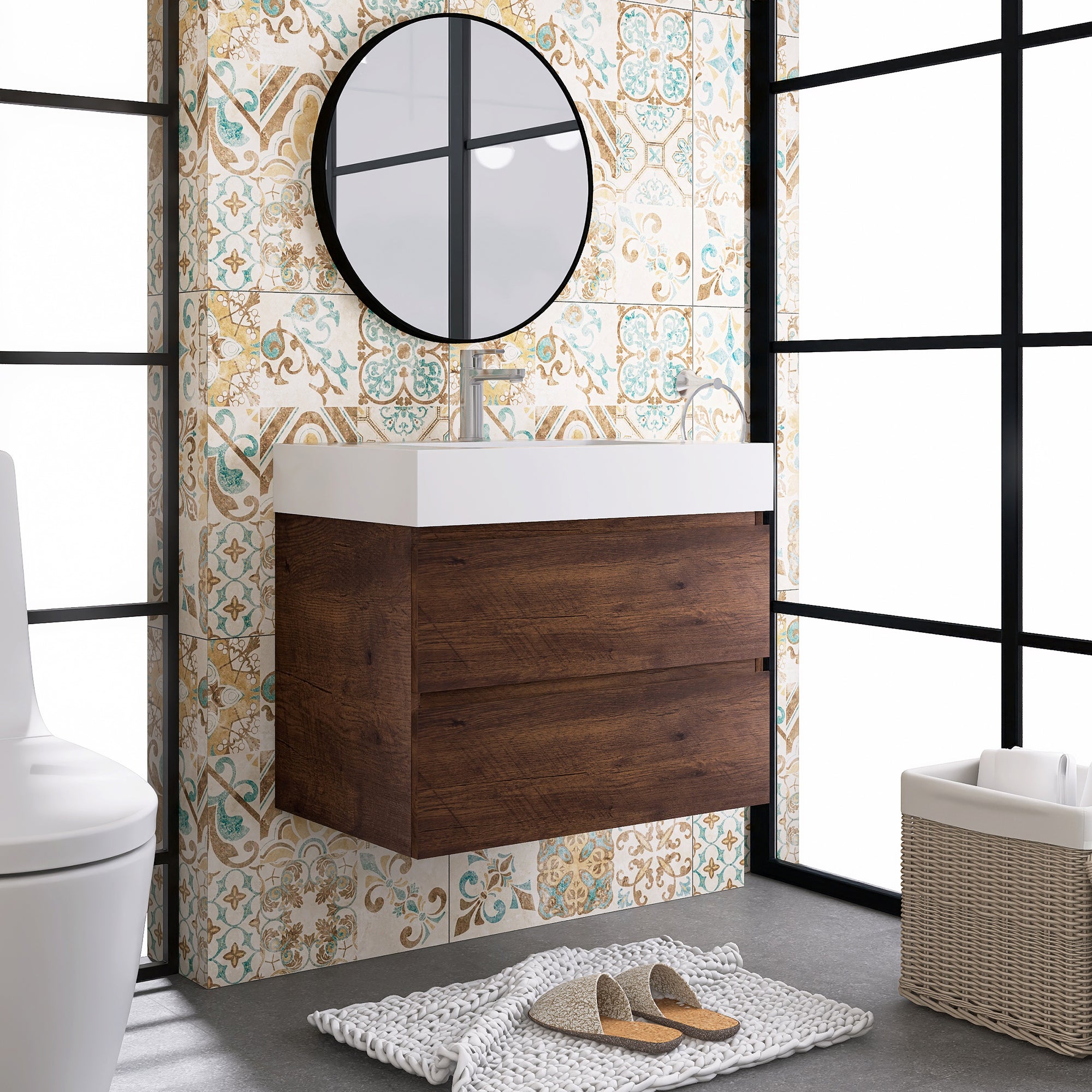 Wood Wall-Mounted Bathroom Vanity Set with Integrated Solid Surface Sink