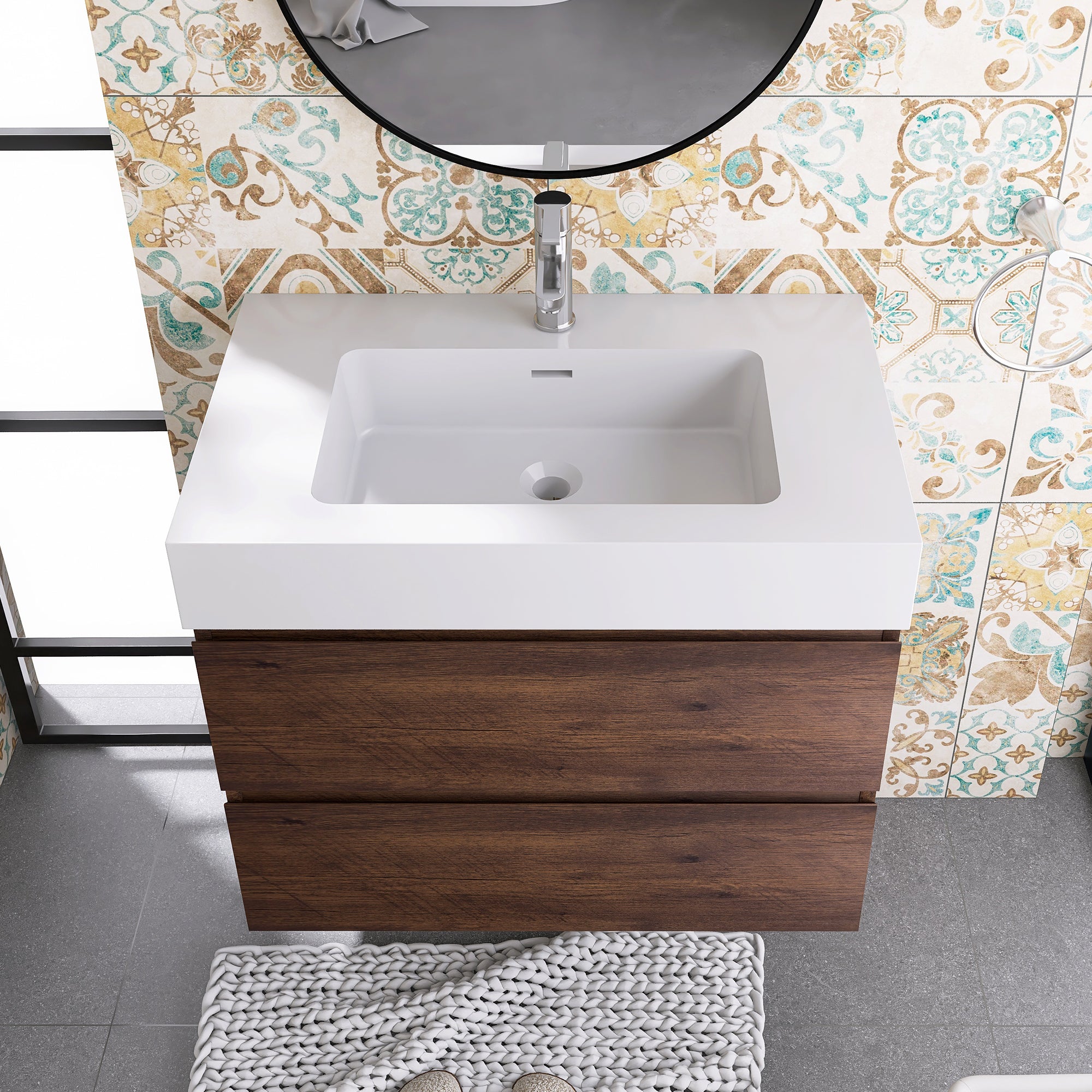 Wood Wall-Mounted Bathroom Vanity Set with Integrated Solid Surface Sink