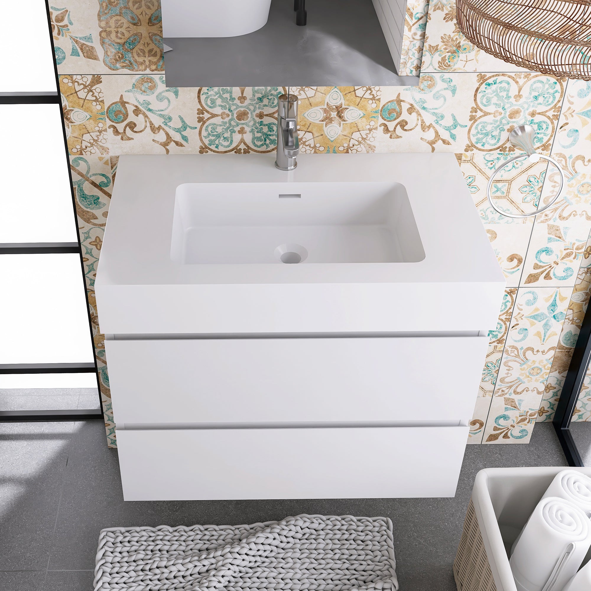 Wood Wall-Mounted Bathroom Vanity Set with Integrated Solid Surface Sink