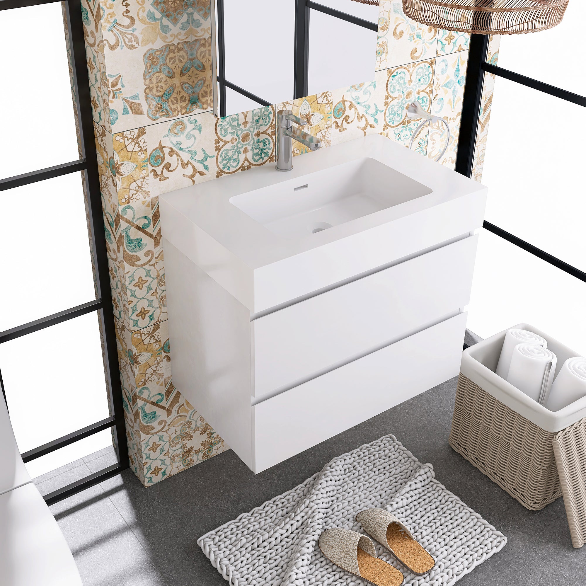 Wood Wall-Mounted Bathroom Vanity Set with Integrated Solid Surface Sink