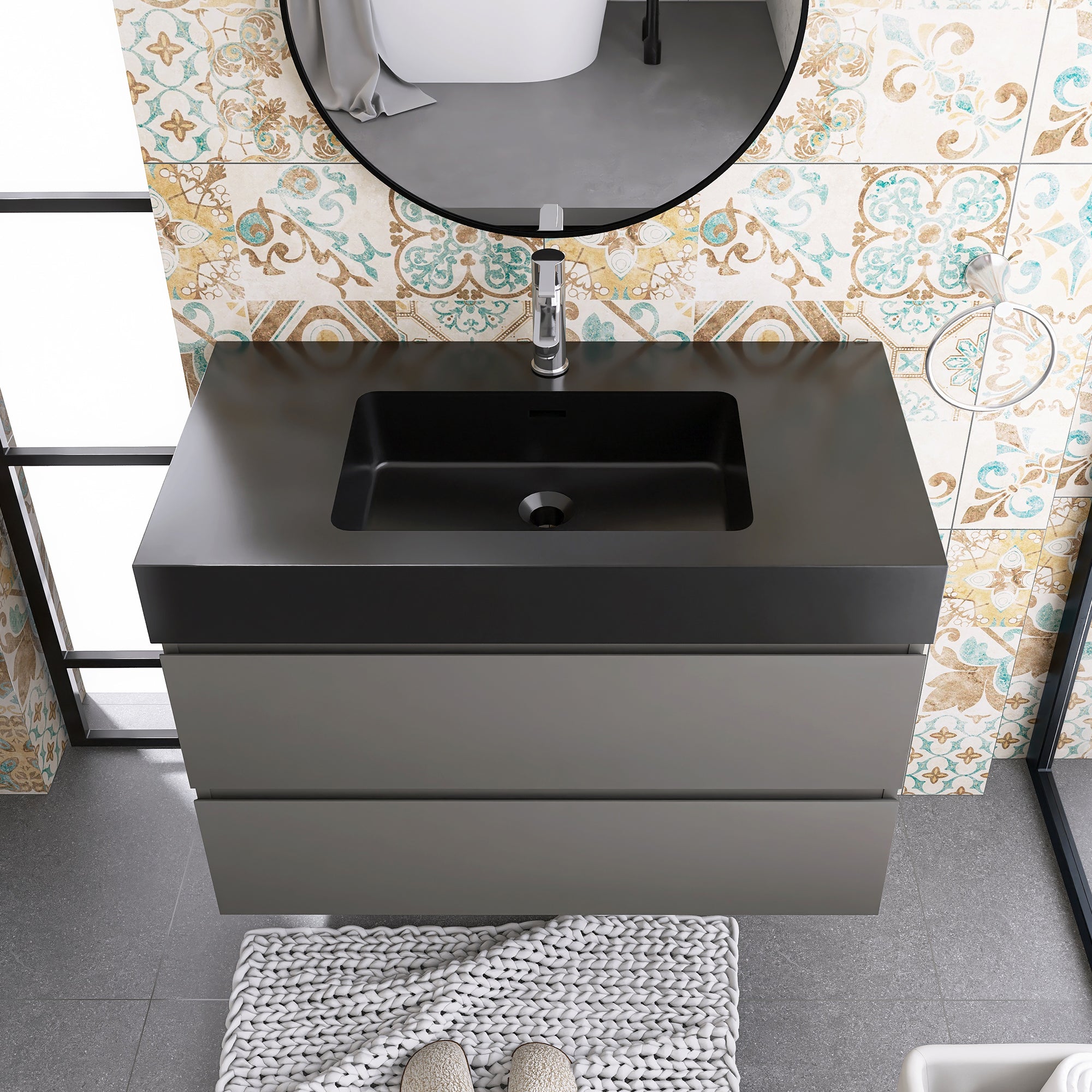 Wood Wall-Mounted Bathroom Vanity Set with Integrated Solid Surface Sink