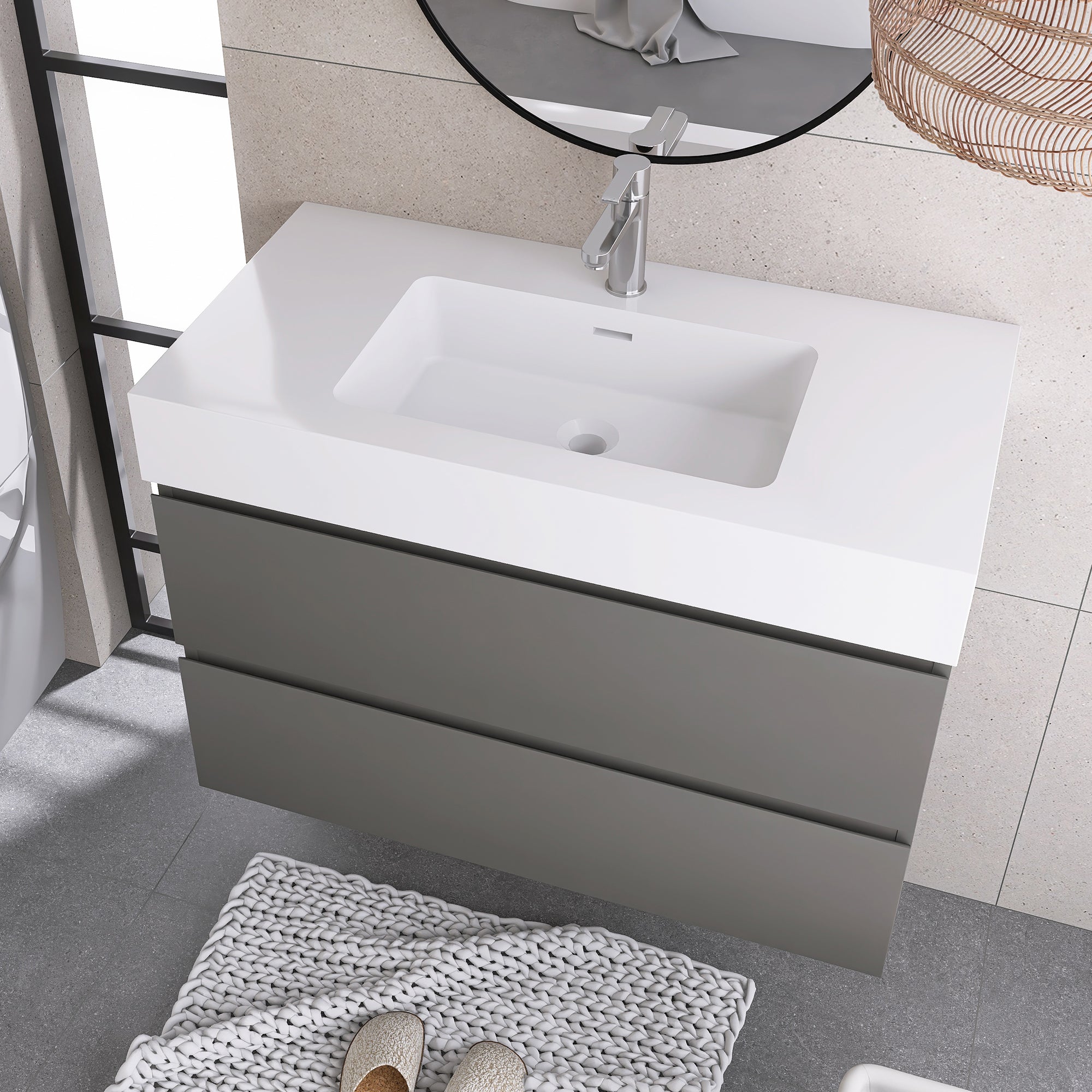 Wood Wall-Mounted Bathroom Vanity Set with Integrated Solid Surface Sink