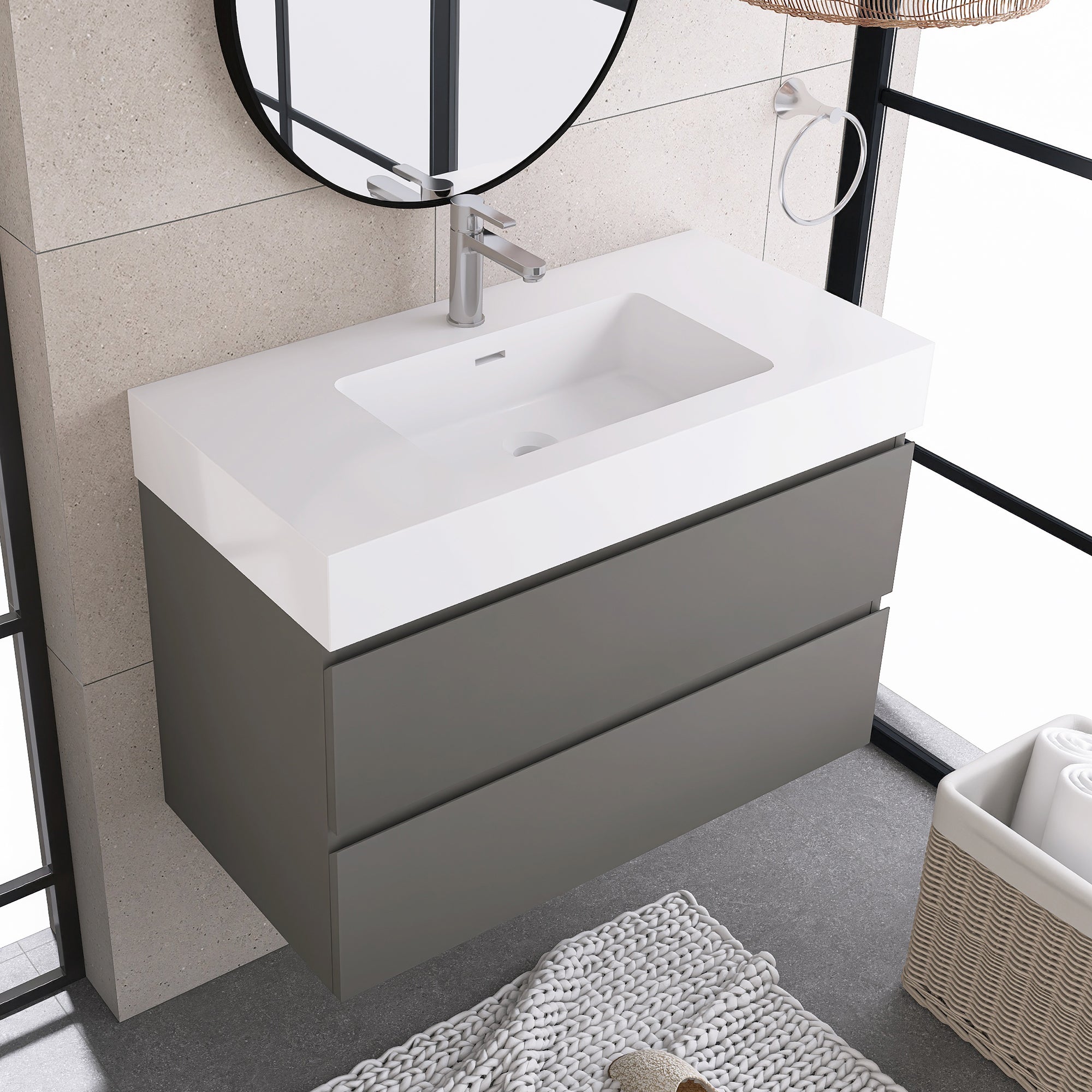 Wood Wall-Mounted Bathroom Vanity Set with Integrated Solid Surface Sink